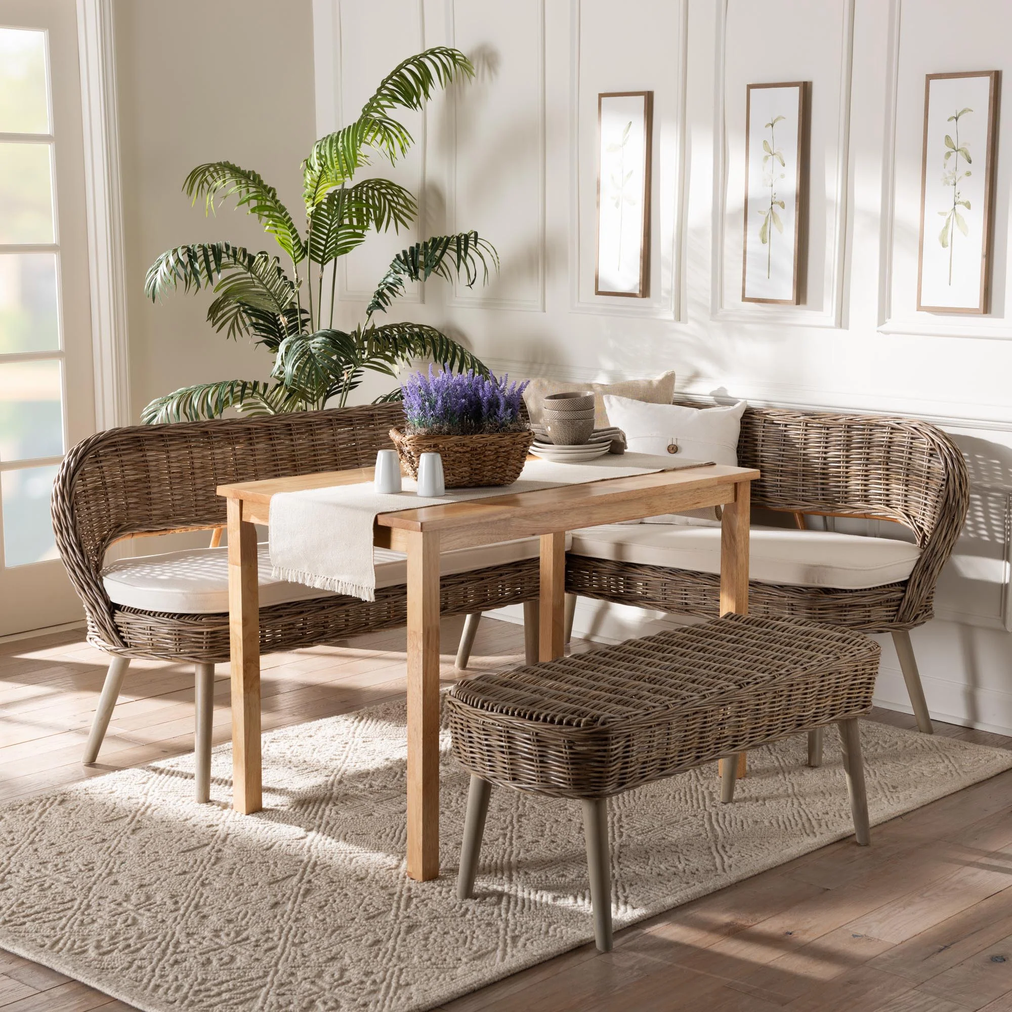 Baxton Studio Raisa Modern Bohemian Natural Kubu Rattan Bench and Wood Table 4-Piece Dining Nook Set
