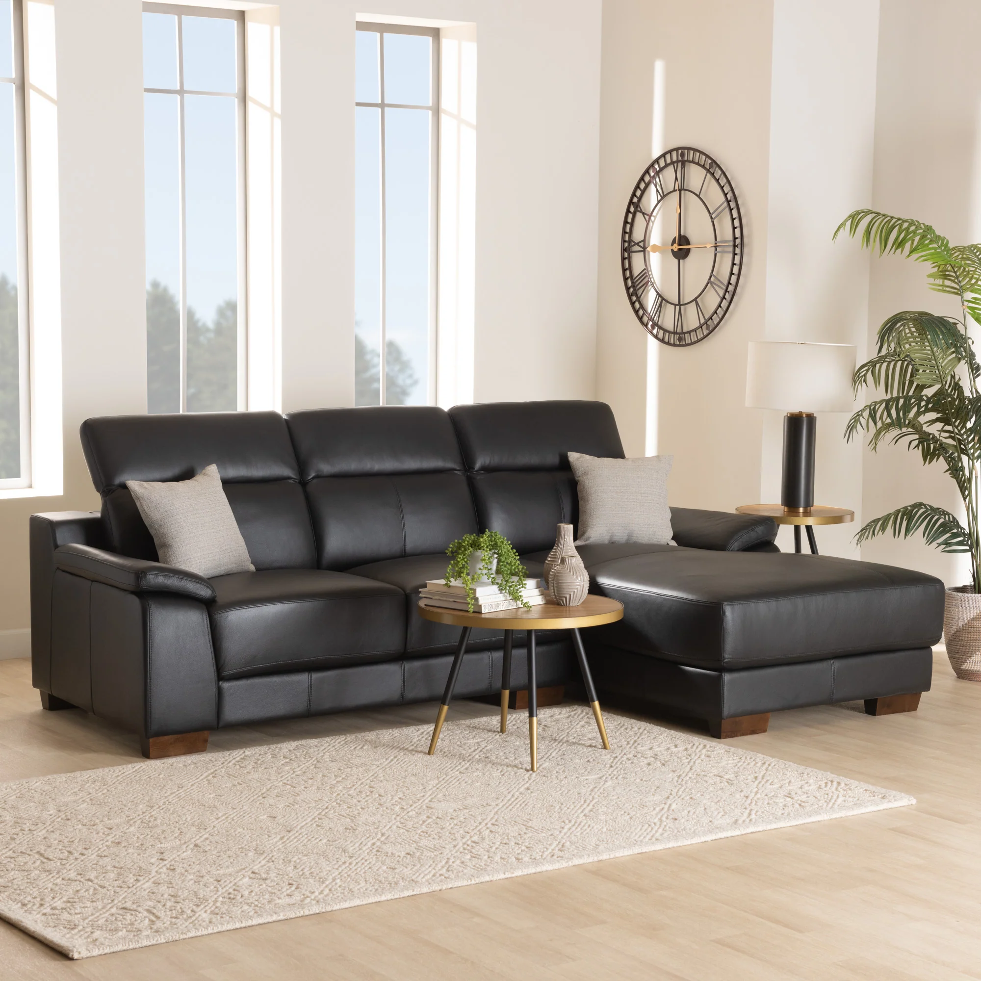 Baxton Studio Reverie Modern Black Full Leather Sectional Sofa with Right Facing Chaise