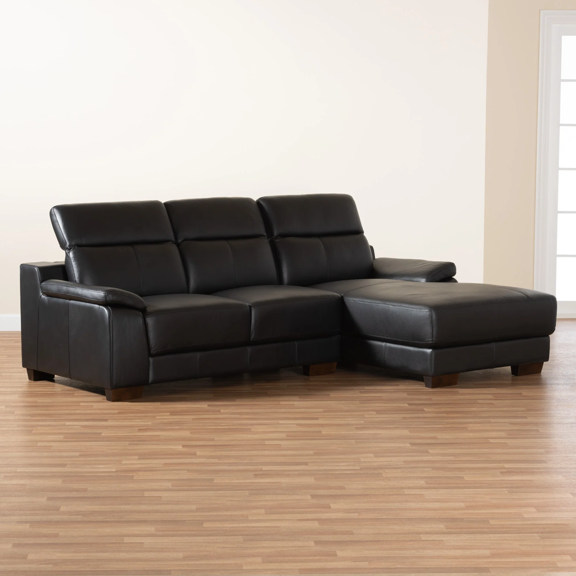 Baxton Studio Reverie Modern Black Full Leather Sectional Sofa with Right Facing Chaise - Image 8
