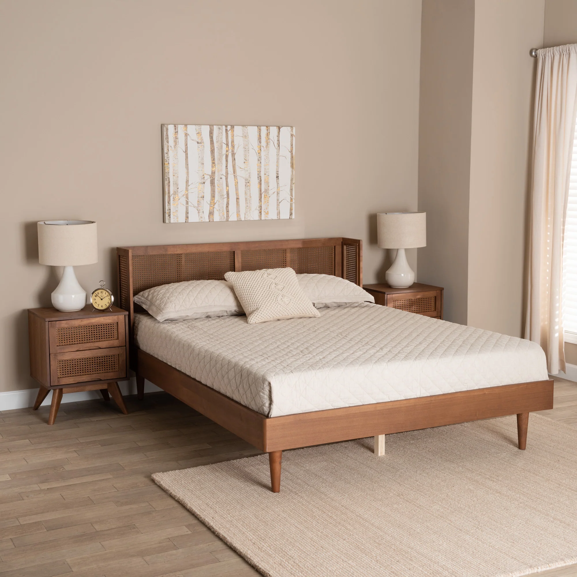 Baxton Studio Rina Mid-Century Modern Ash Walnut Finished Wood 3-Piece Full Size Bedroom Set with Synthetic Rattan