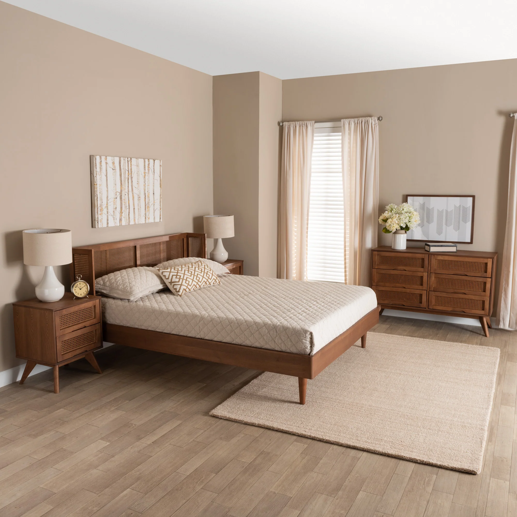 Baxton Studio Rina Mid-Century Modern Ash Walnut Finished Wood 4-Piece Full Size Bedroom Set with Synthetic Rattan