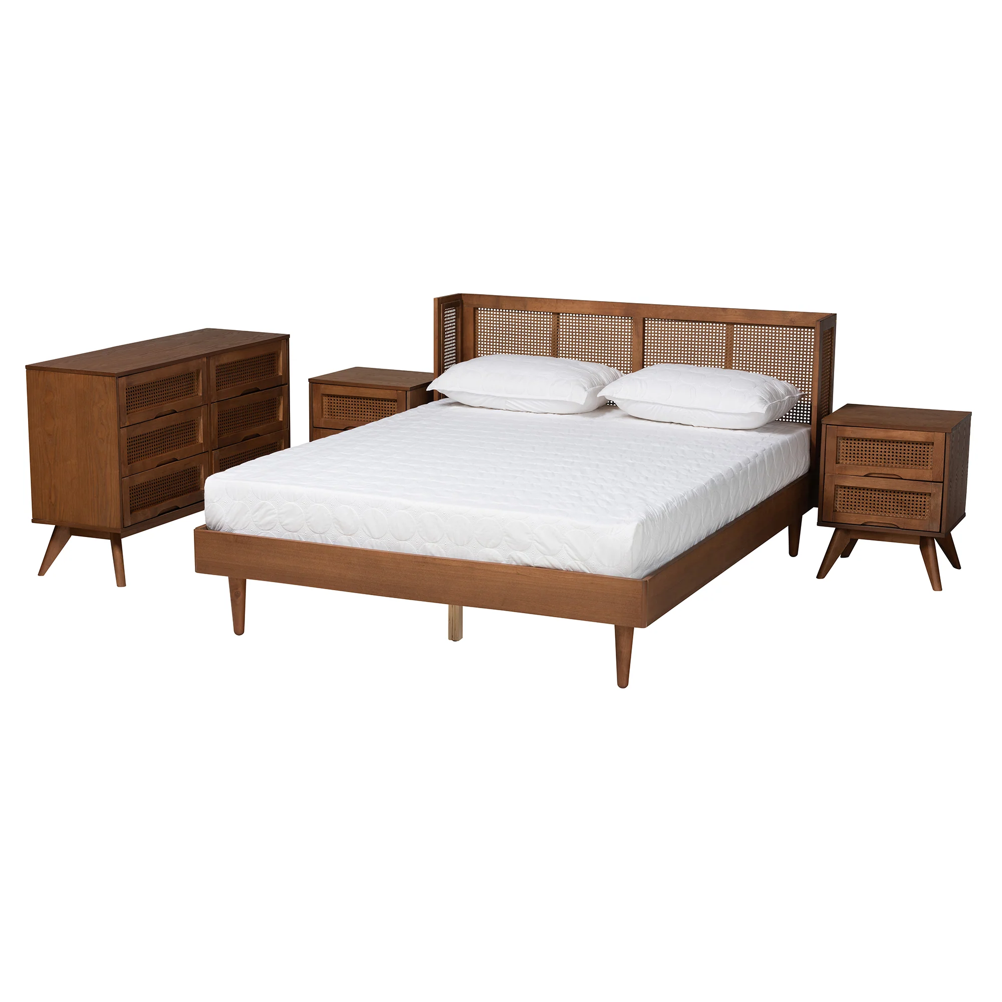 Baxton Studio Rina Mid-Century Modern Ash Walnut Finished Wood 4-Piece Full Size Bedroom Set with Synthetic Rattan - Image 2