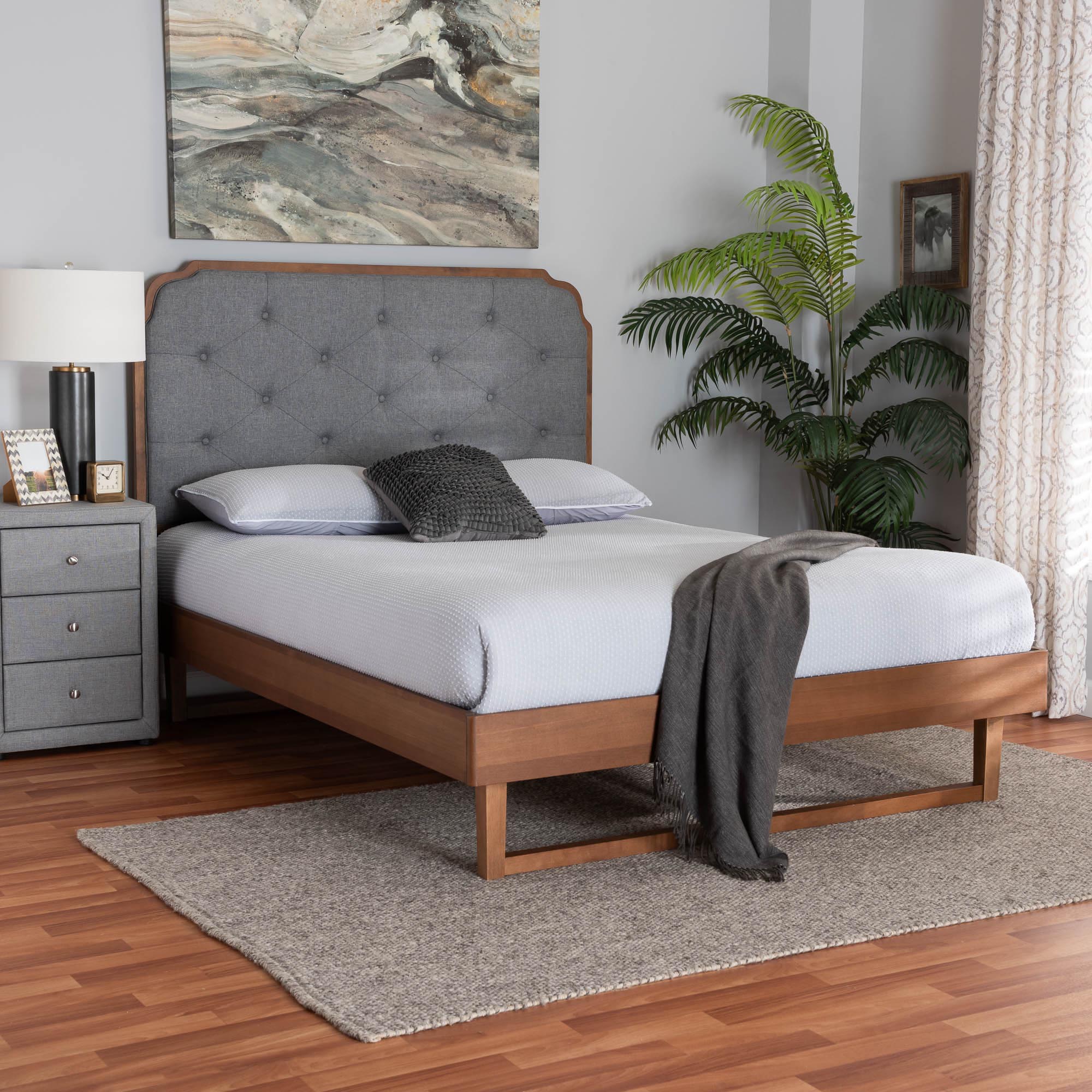 Baxton Studio Roald Mid-Century Modern Grey Fabric and Walnut Brown Wood Queen Size Platform Bed