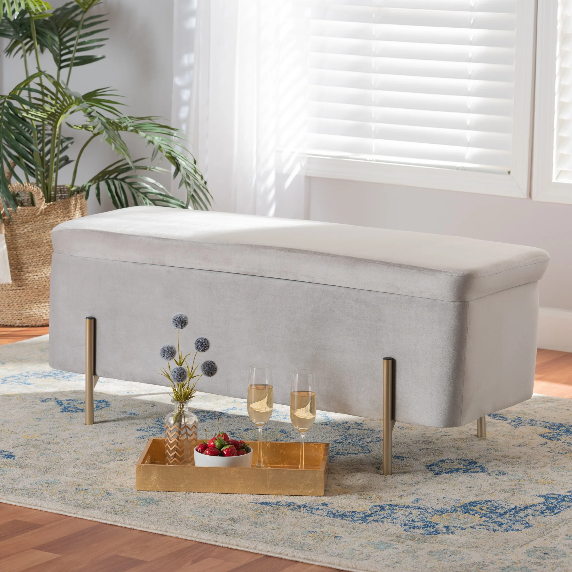 Baxton Studio Rockwell Contemporary Glam and Luxe Grey Velvet Fabric Upholstered and Gold Finished Metal Storage Bench
