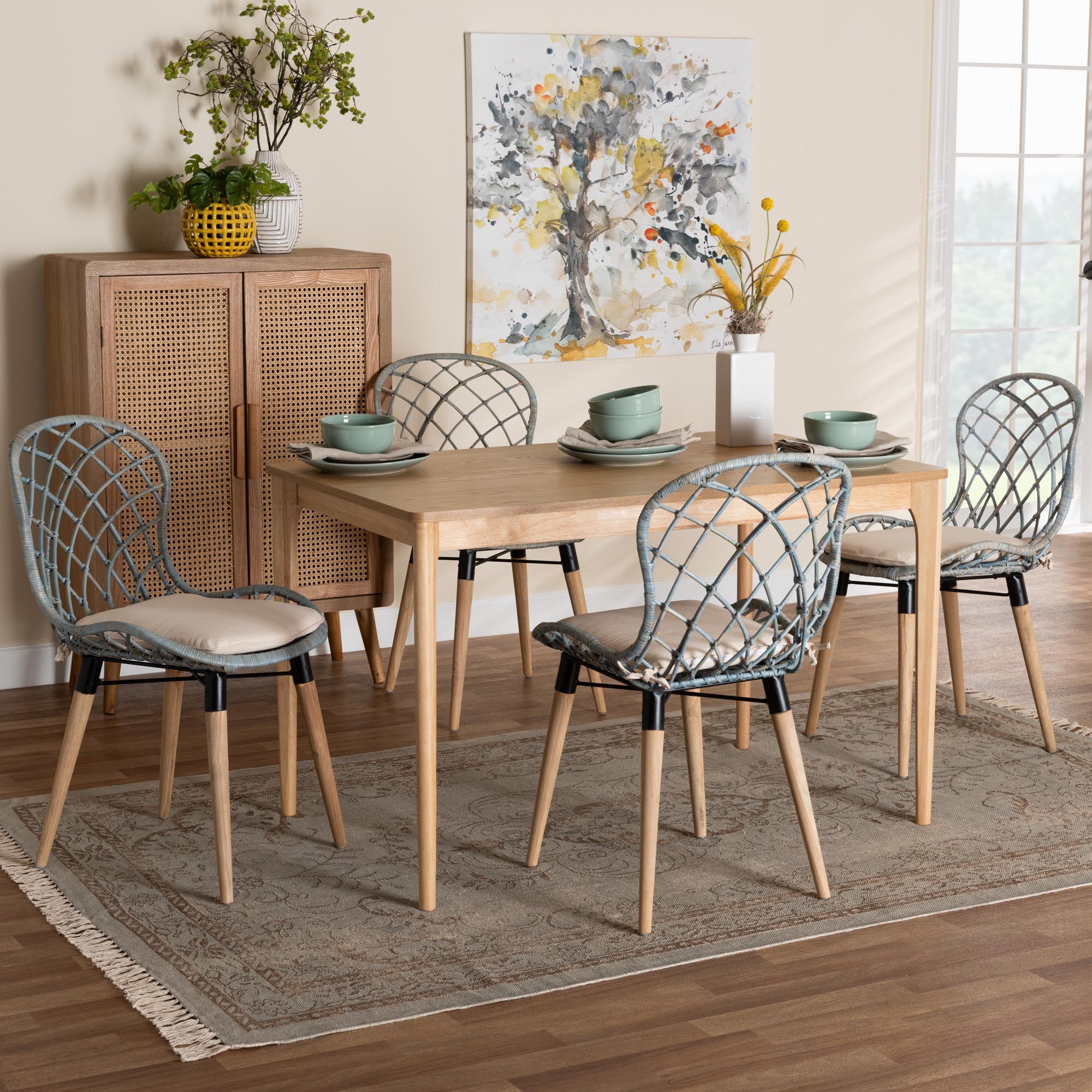 Baxton Studio Sabelle Modern Bohemian Light Blue Rattan and Natural Brown Finished Wood 5-Piece Dining Set