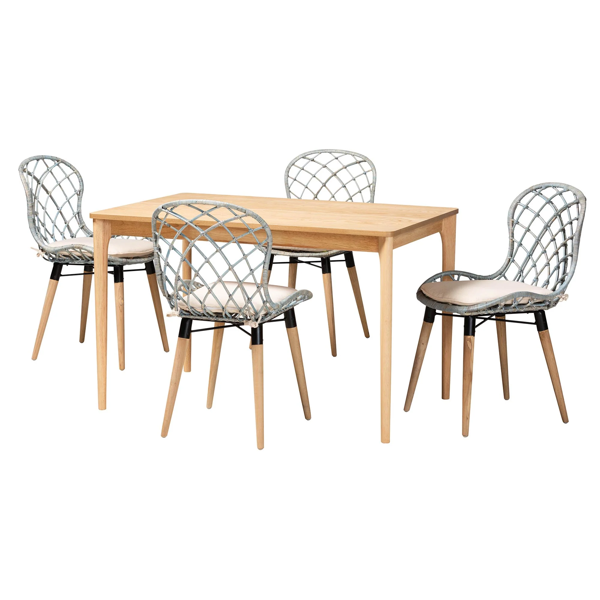 Baxton Studio Sabelle Modern Bohemian Light Blue Rattan and Natural Brown Finished Wood 5-Piece Dining Set - Image 4