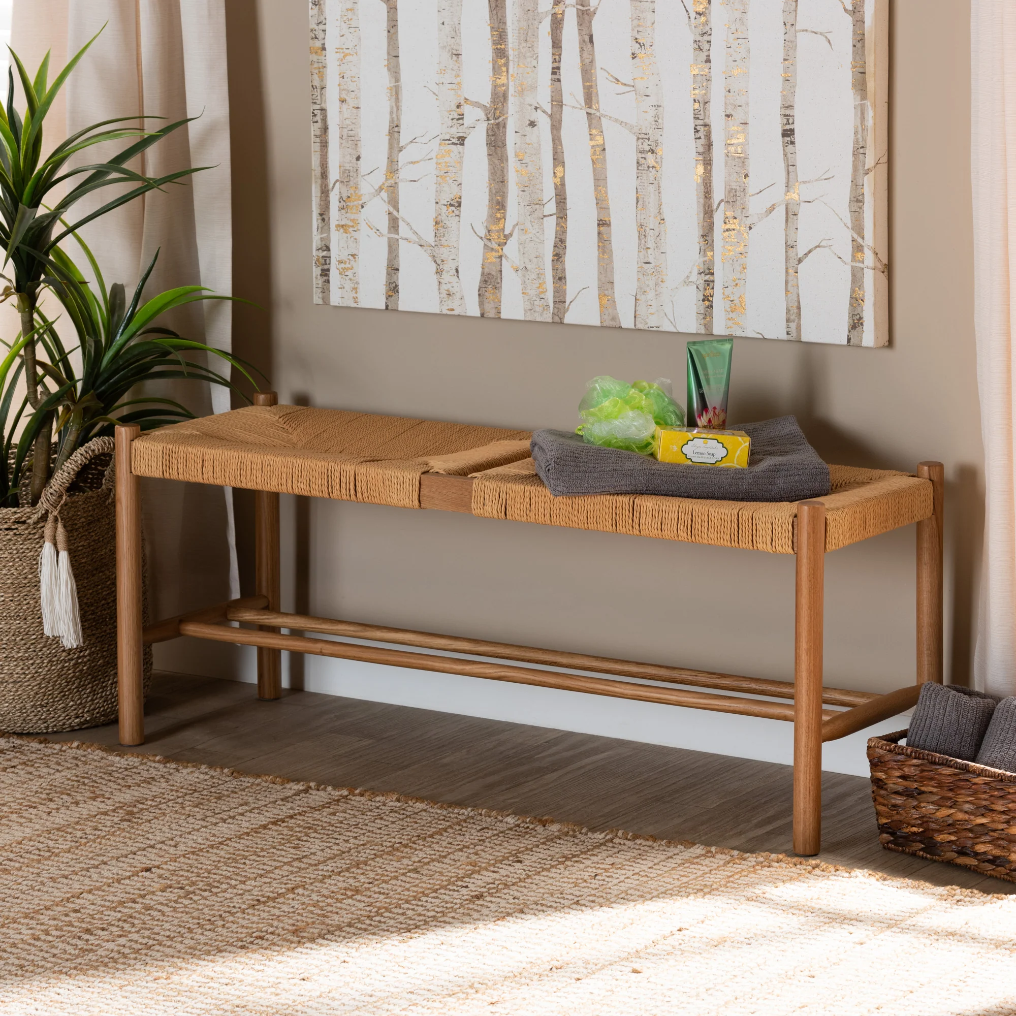 Baxton Studio Saura Mid-Century Modern Oak Brown Finished Wood and Hemp Dining Bench