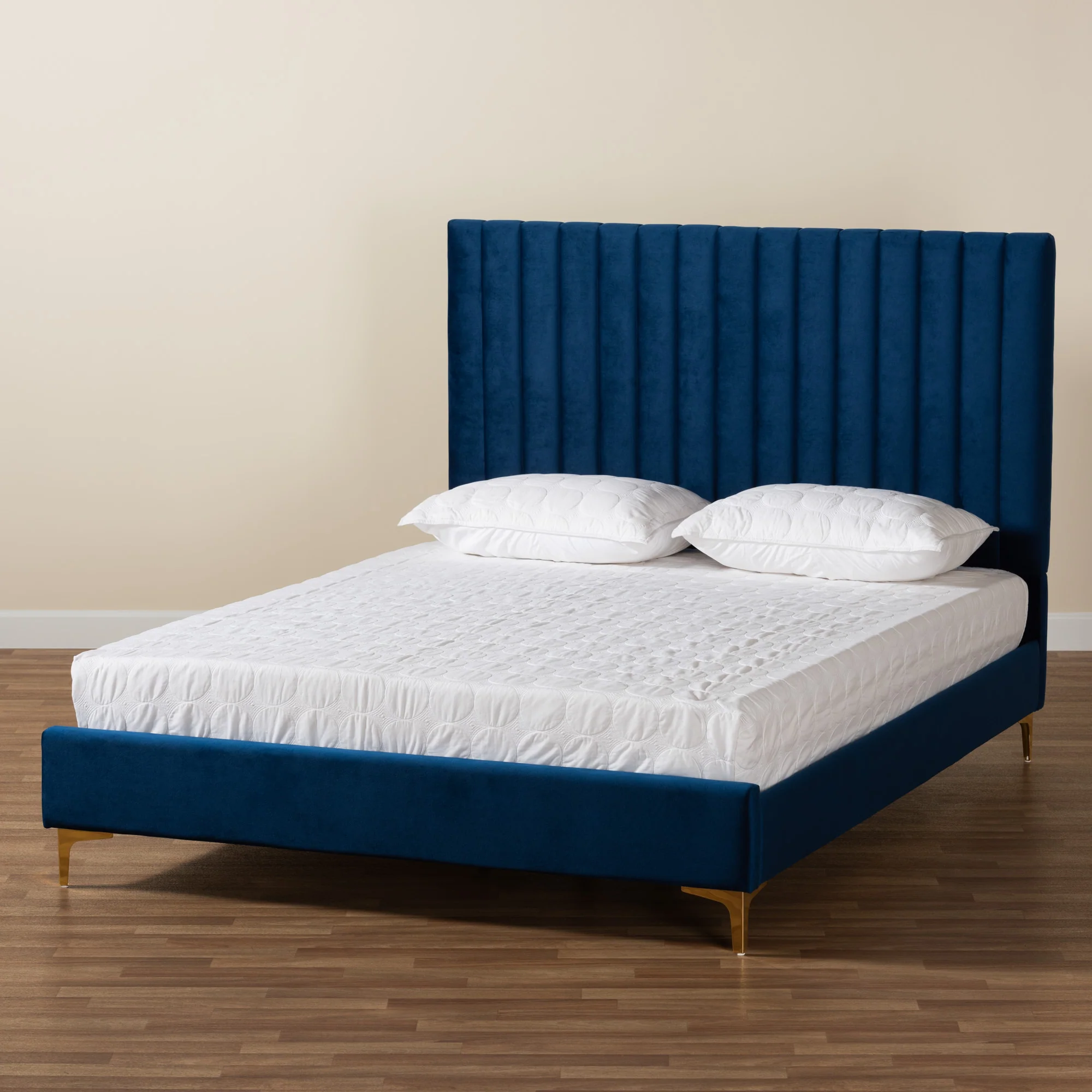 Baxton Studio Serrano Contemporary Glam and Luxe Navy Blue Velvet Fabric Upholstered and Gold Metal Full Size Platform Bed - Image 10
