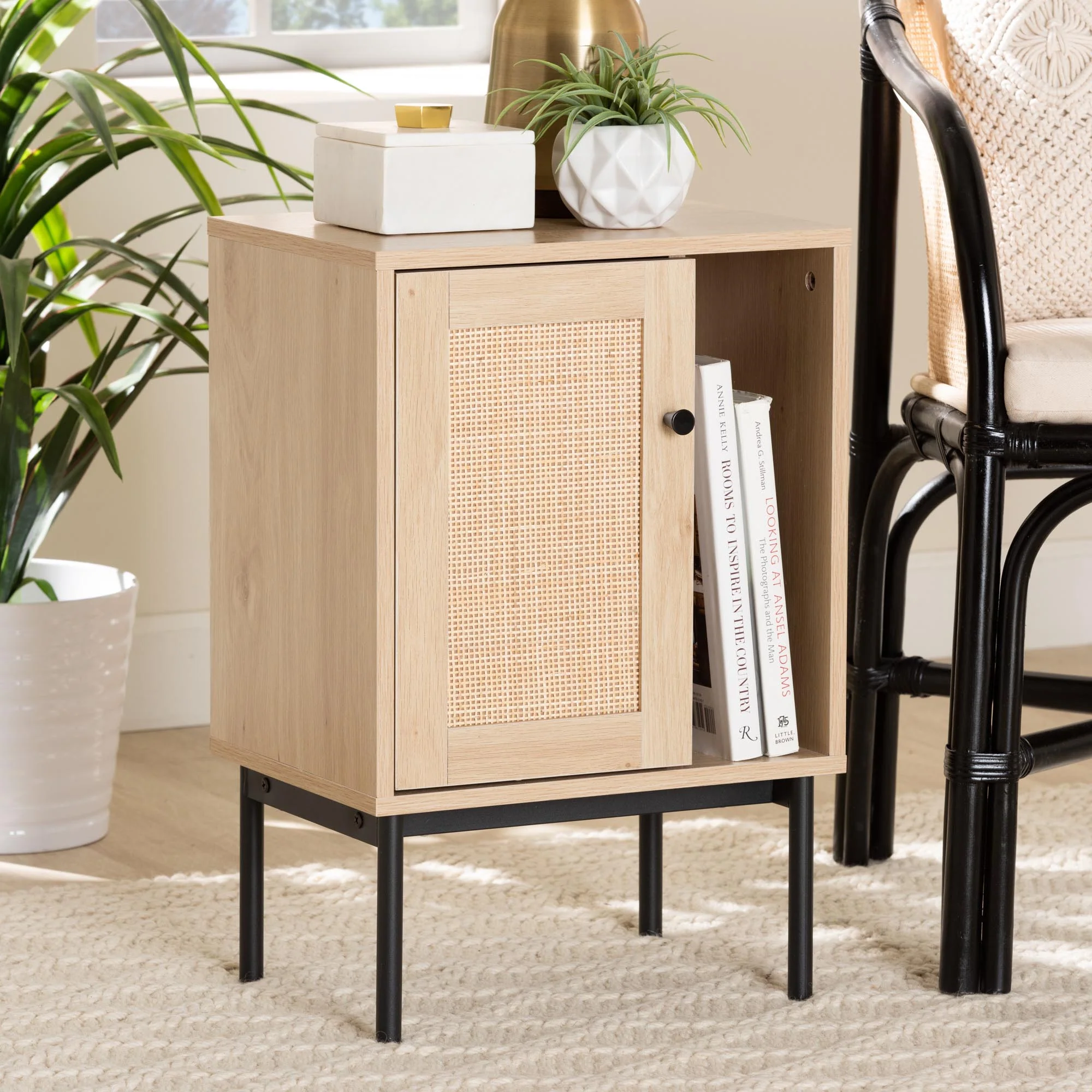 Baxton Studio Sherwin Mid-Century Modern Light Brown and Black 1-Door Cabinet with Woven Rattan Accent