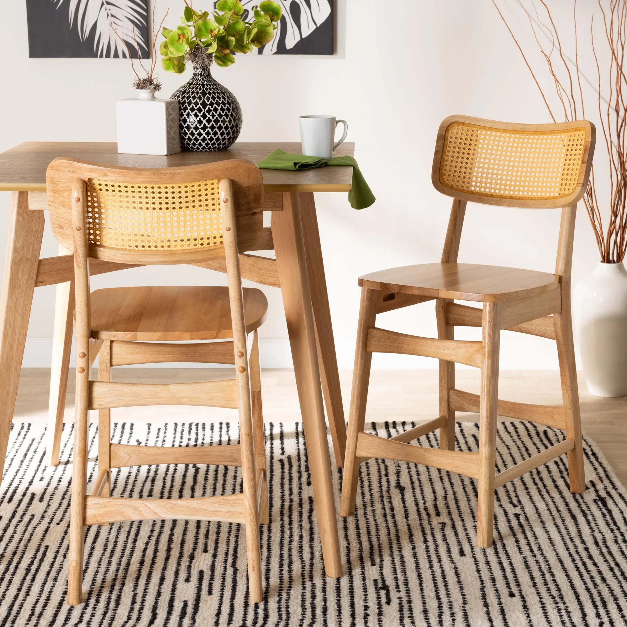 Baxton Studio Tadeo Mid-Century Modern Oak Brown Finished Wood and Rattan 2-Piece Counter Stool Set