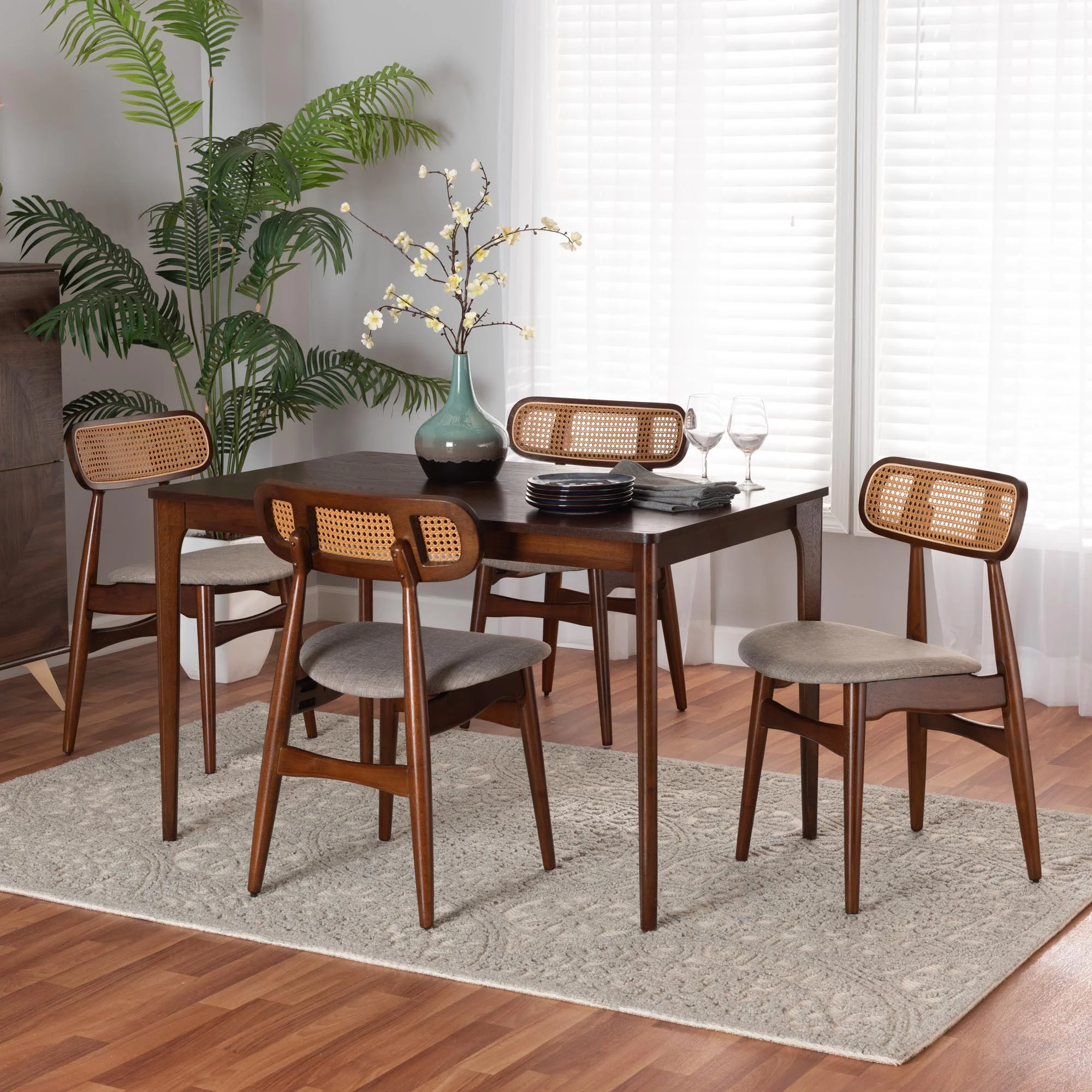 Baxton Studio Tarana Mid-Century Modern Grey Fabric and Walnut Brown Finished Wood 5-Piece Dining Set