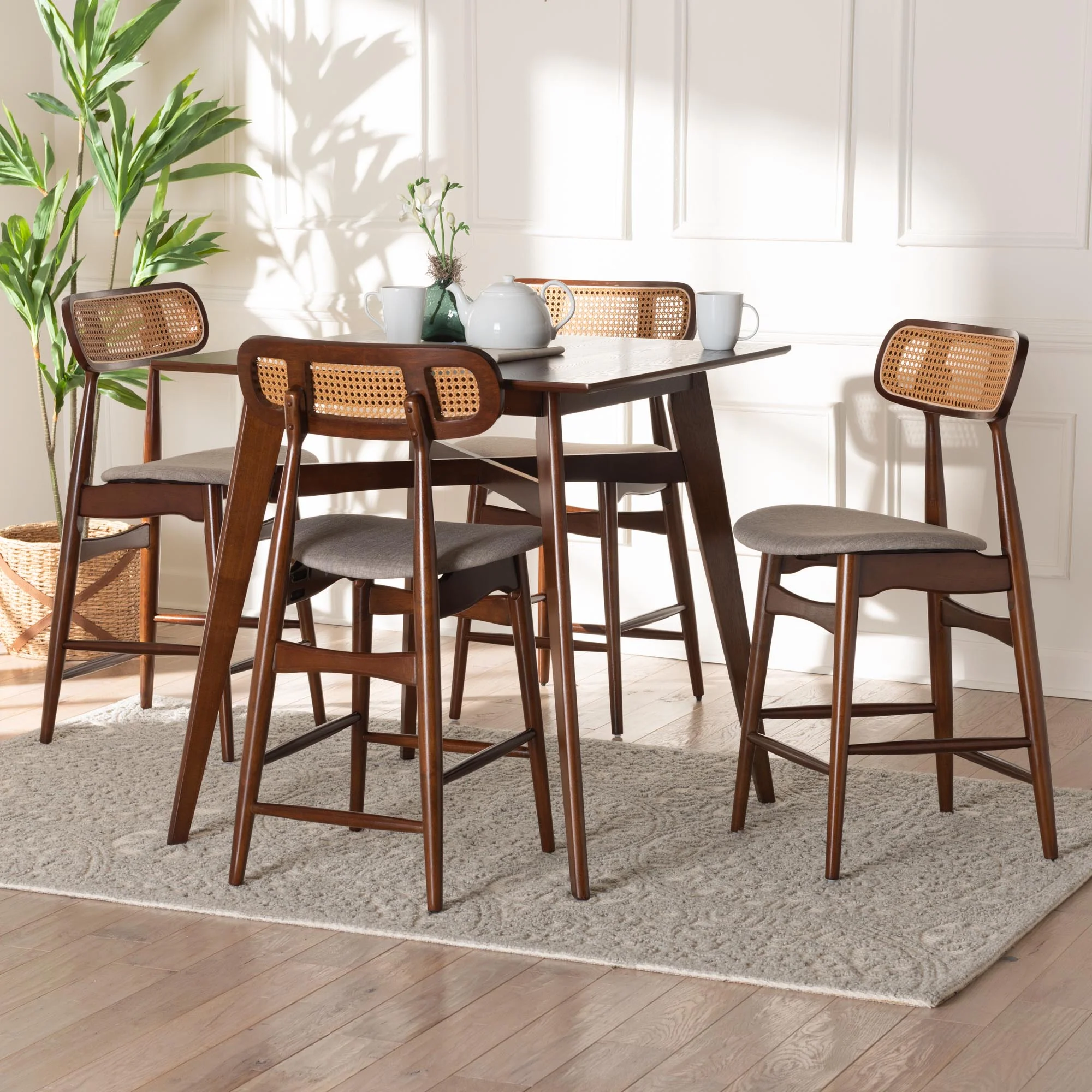 Baxton Studio Tarana Mid-Century Modern Grey Fabric and Walnut Brown Finished Wood 5-Piece Pub Set