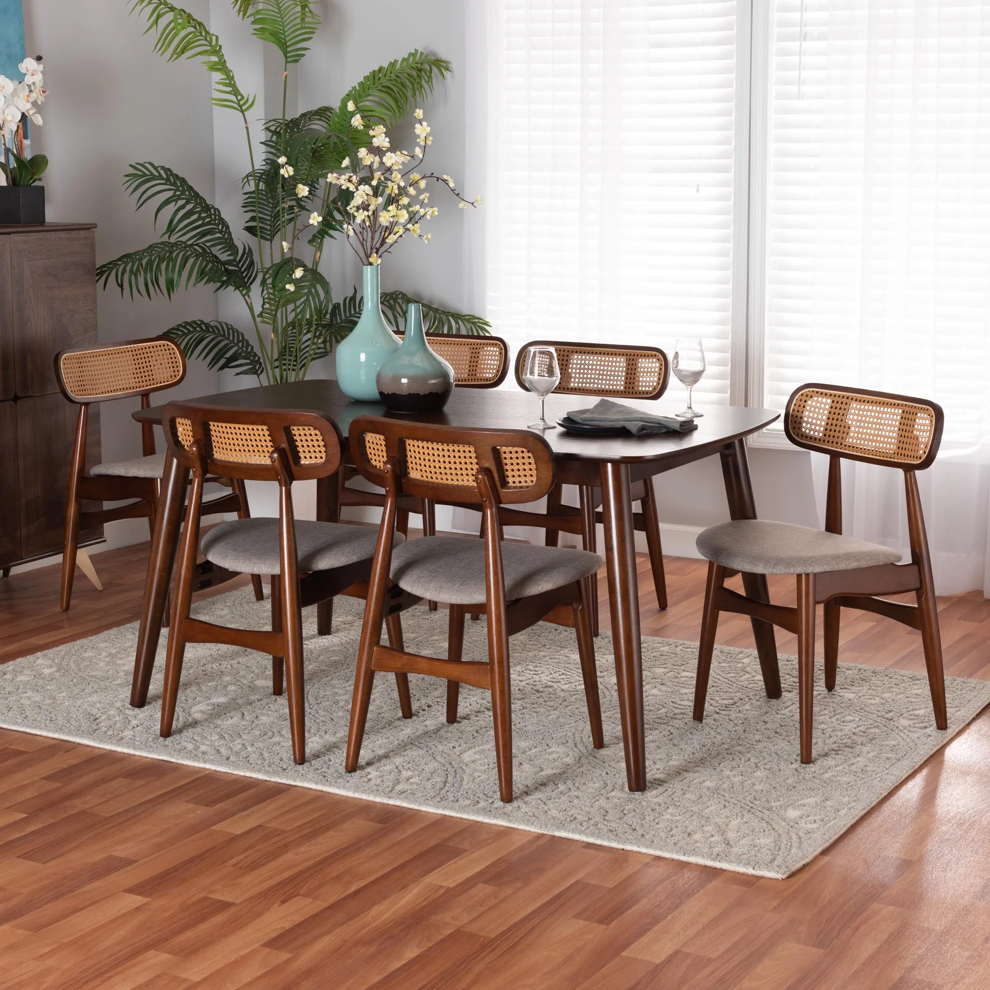 Baxton Studio Tarana Mid-Century Modern Grey Fabric and Walnut Brown Finished Wood 7-Piece Dining Set