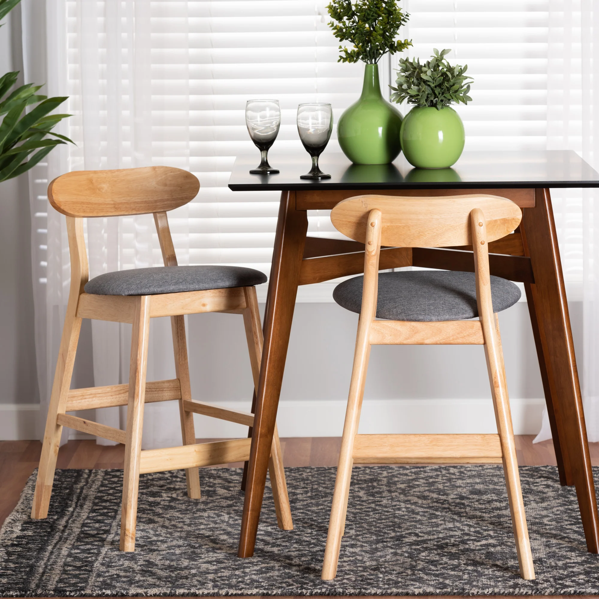 Baxton Studio Ulyana Mid-Century Modern Grey Fabric and Natural Brown Finished Wood 2-Piece Counter Stool Set