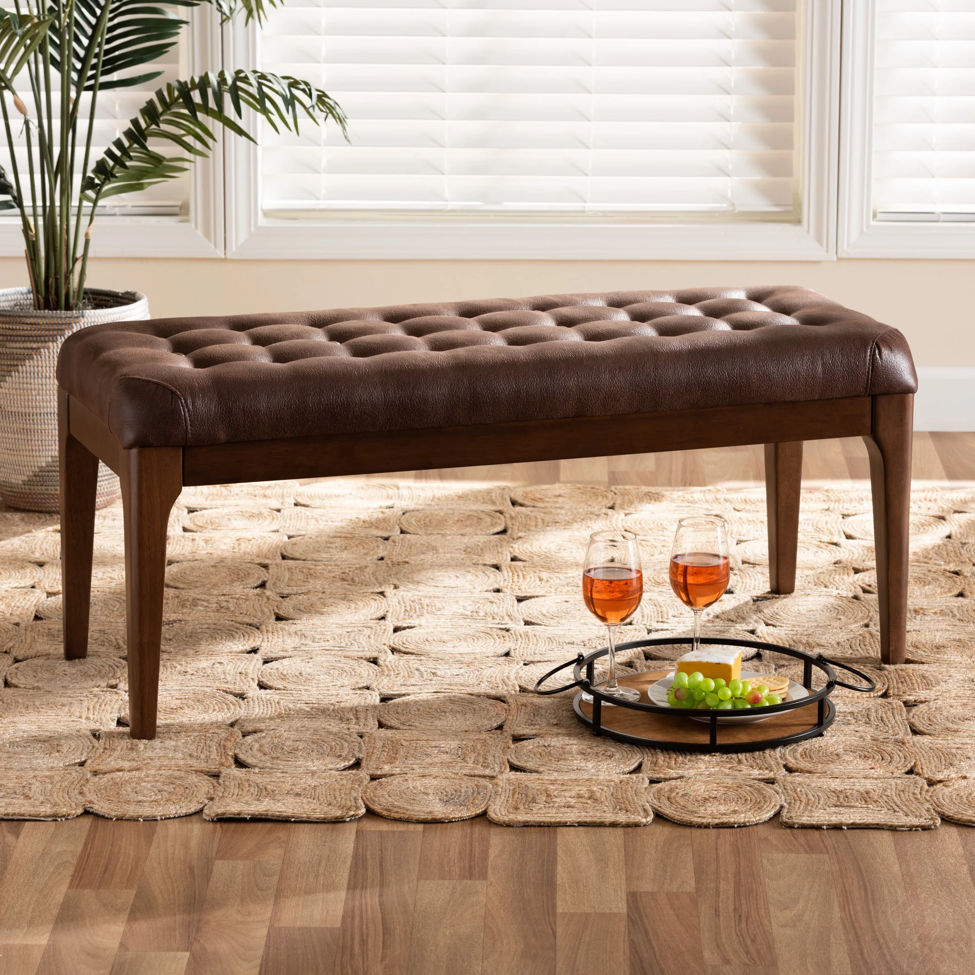 Baxton Studio Walsh Mid-Century Modern Dark Brown Leather-Effect Polyester Fabric Upholstered and Walnut Brown Finished Wood Dining Bench