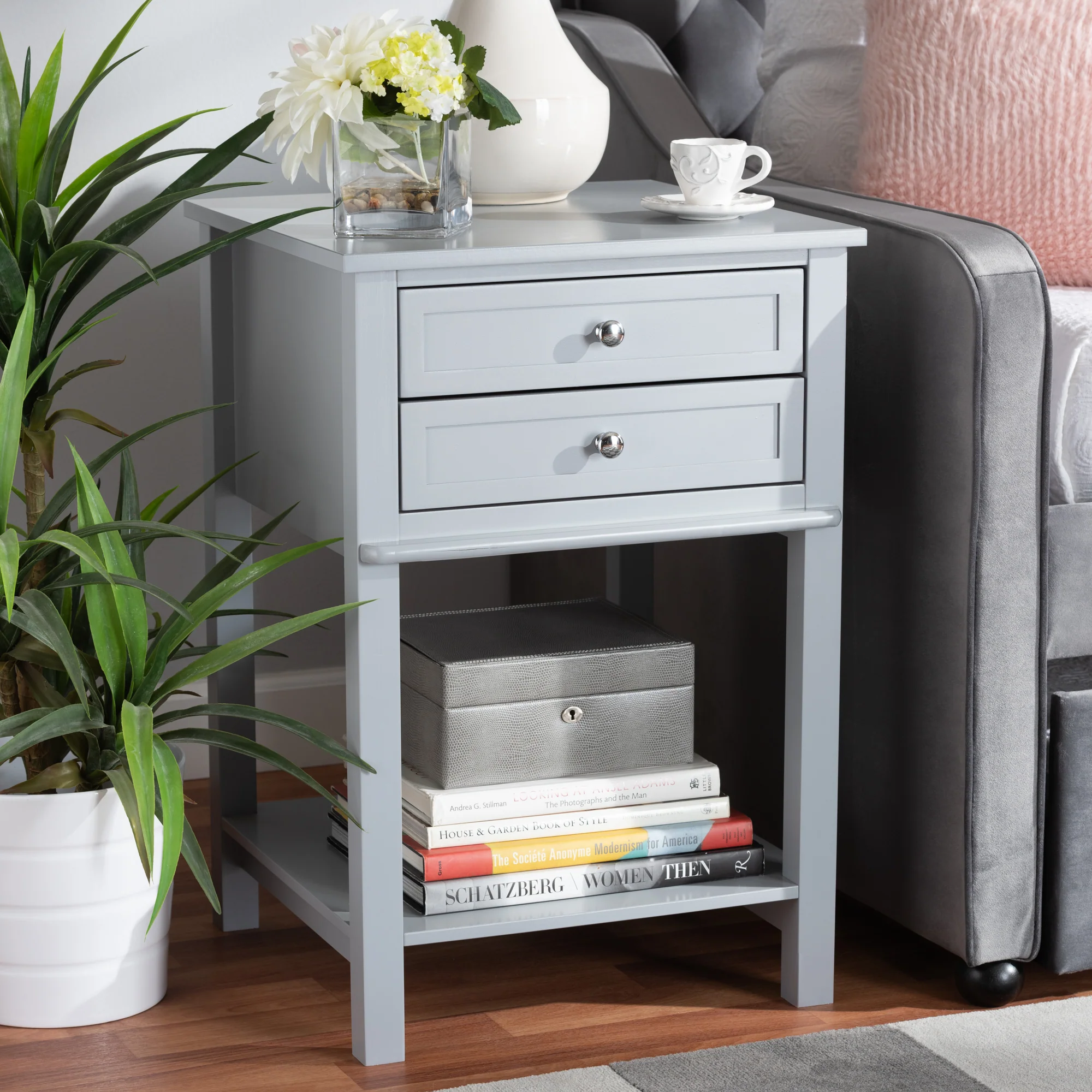 Baxton Studio Willow Modern Transitional Light Grey Finished 2-Drawer Wood End Table