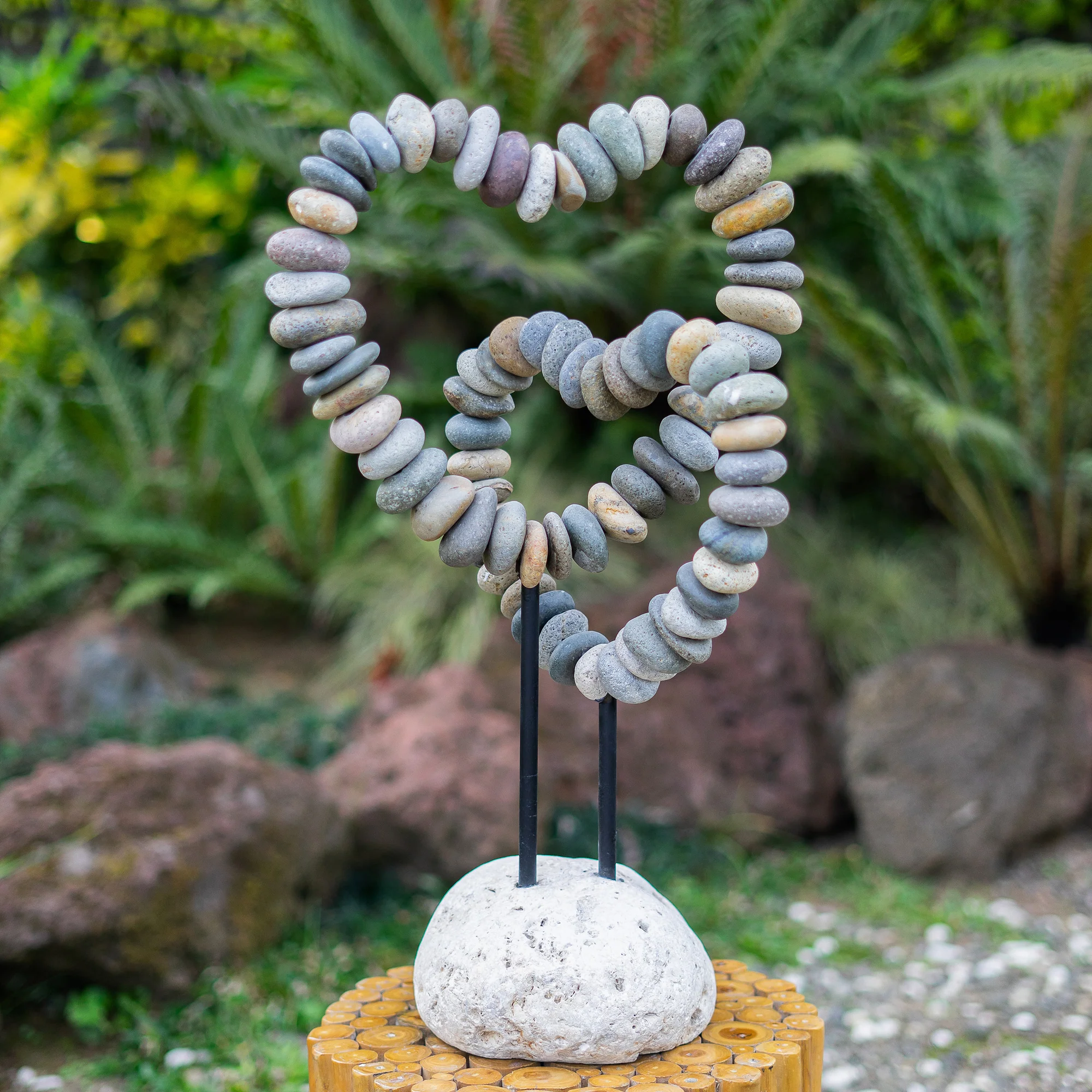 Beach Pebble Double Heart on Stand Set of 2 By Garden Age Supply