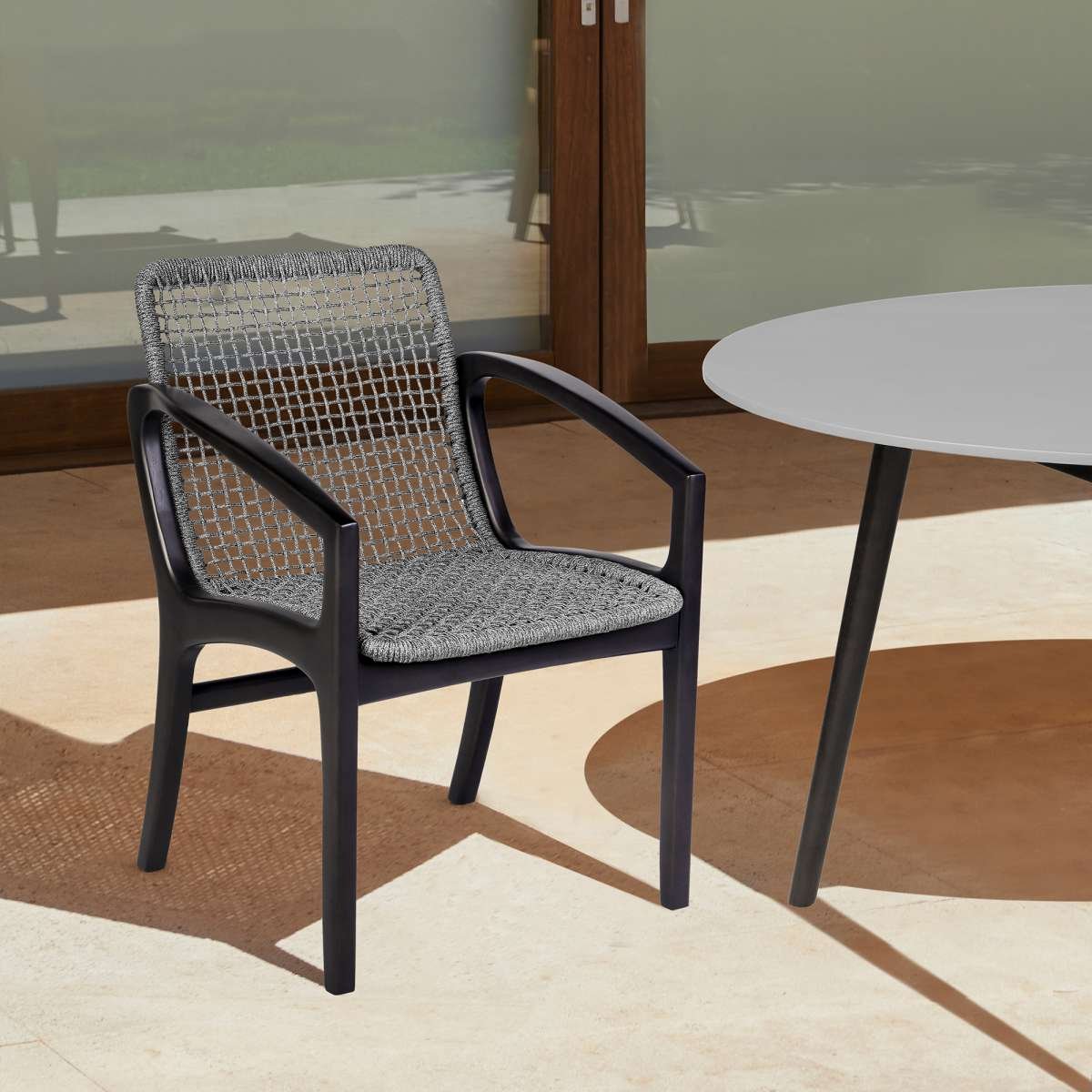 Beckham Outdoor Patio Dining Chair in Dark Eucalyptus Wood and Gray Rope By Armen Living