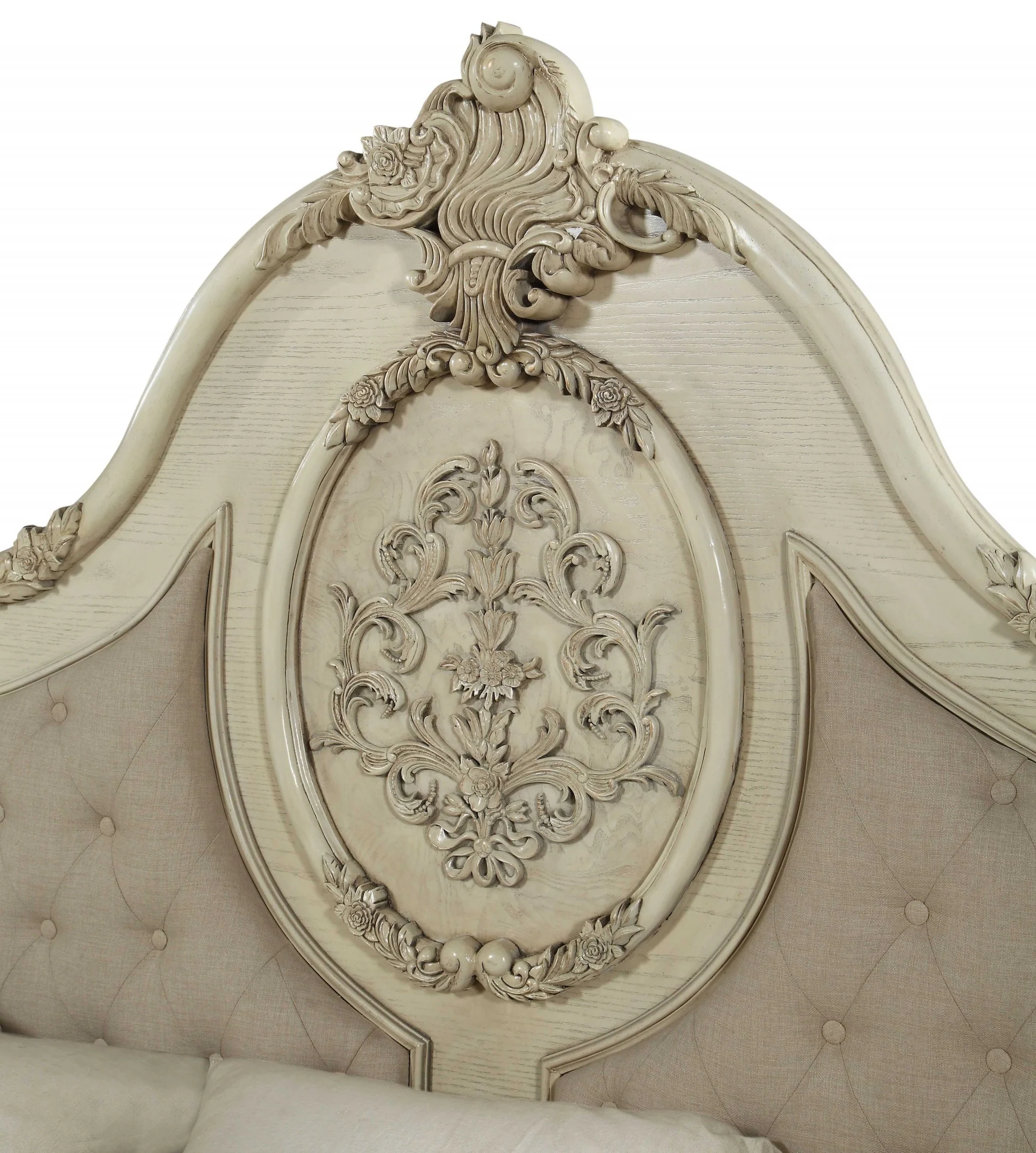 Beige Linen Antique White Wood Upholstery Eastern King Bed By Homeroots - Image 3