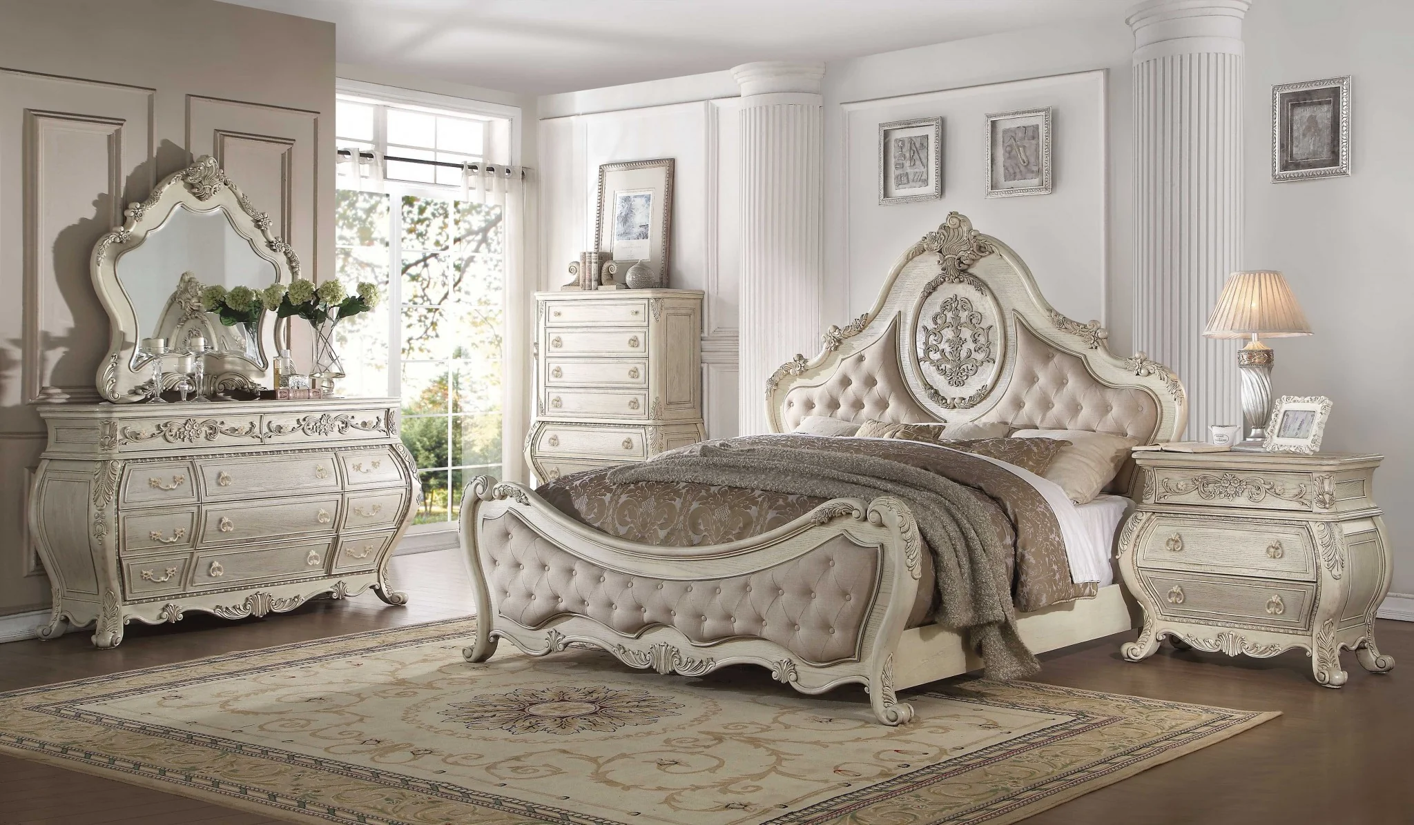 Beige Linen Antique White Wood Upholstery Queen Bed By Homeroots
