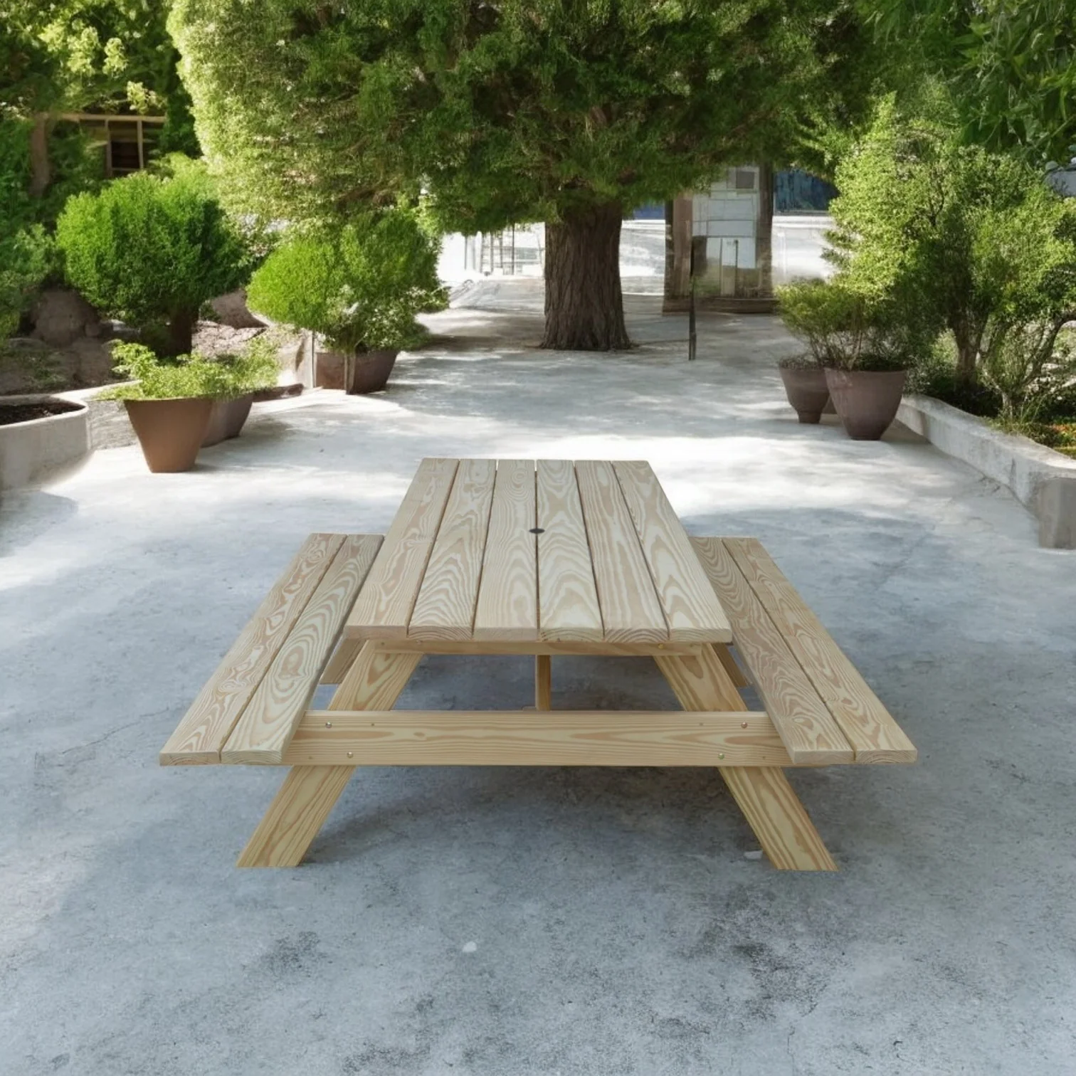 Beige Solid Wood Outdoor Picnic Table with Umbrella Hole By Homeroots