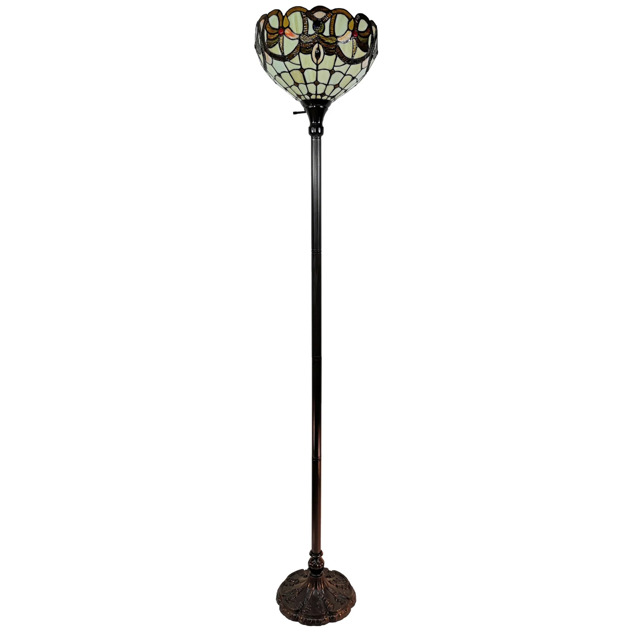 Beige Torchiere Floor Lamp With Red And White Flowers Glass Dome Shade By Homeroots