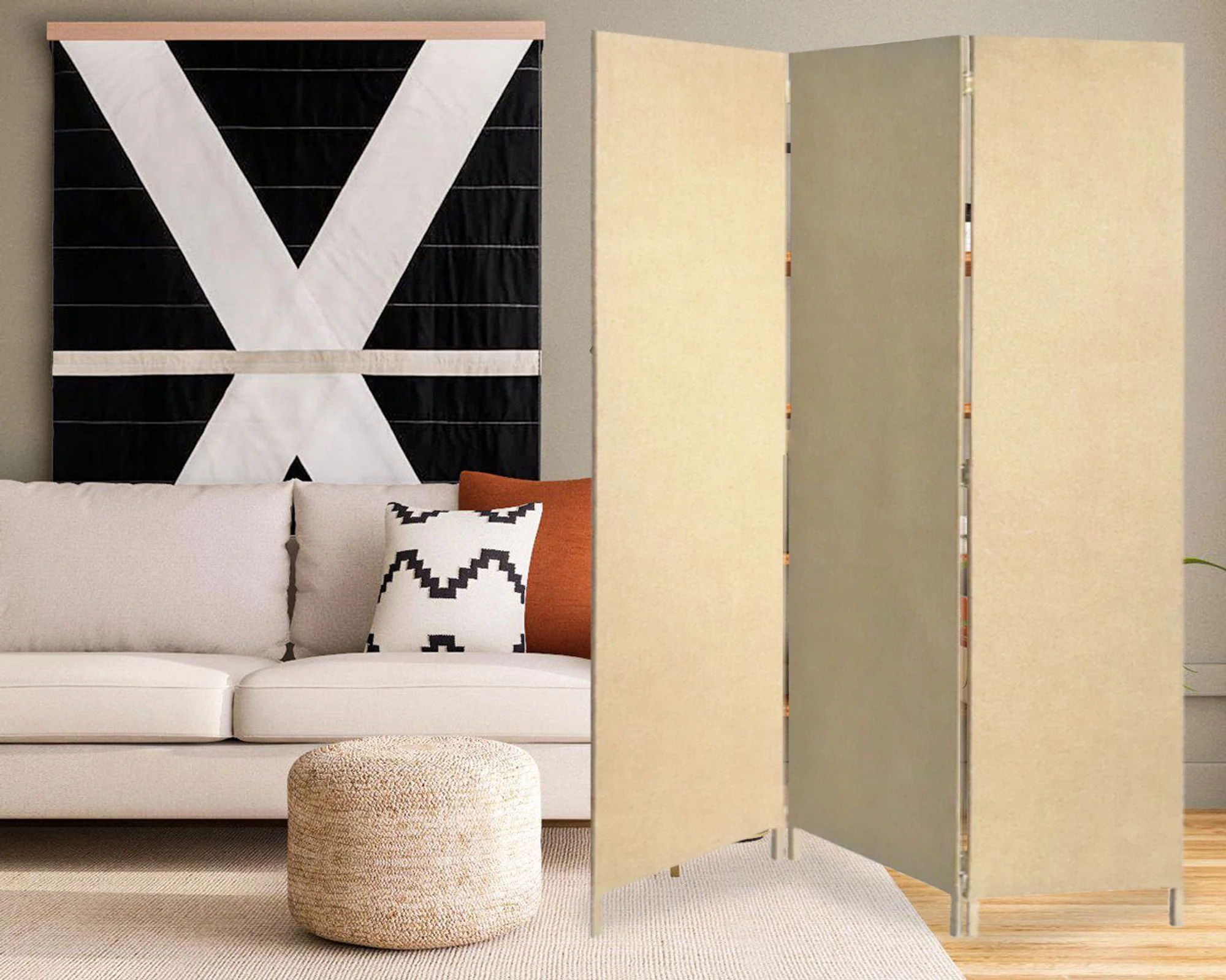 Beige Upholstered 3 Panel Room Divider Screen By Homeroots