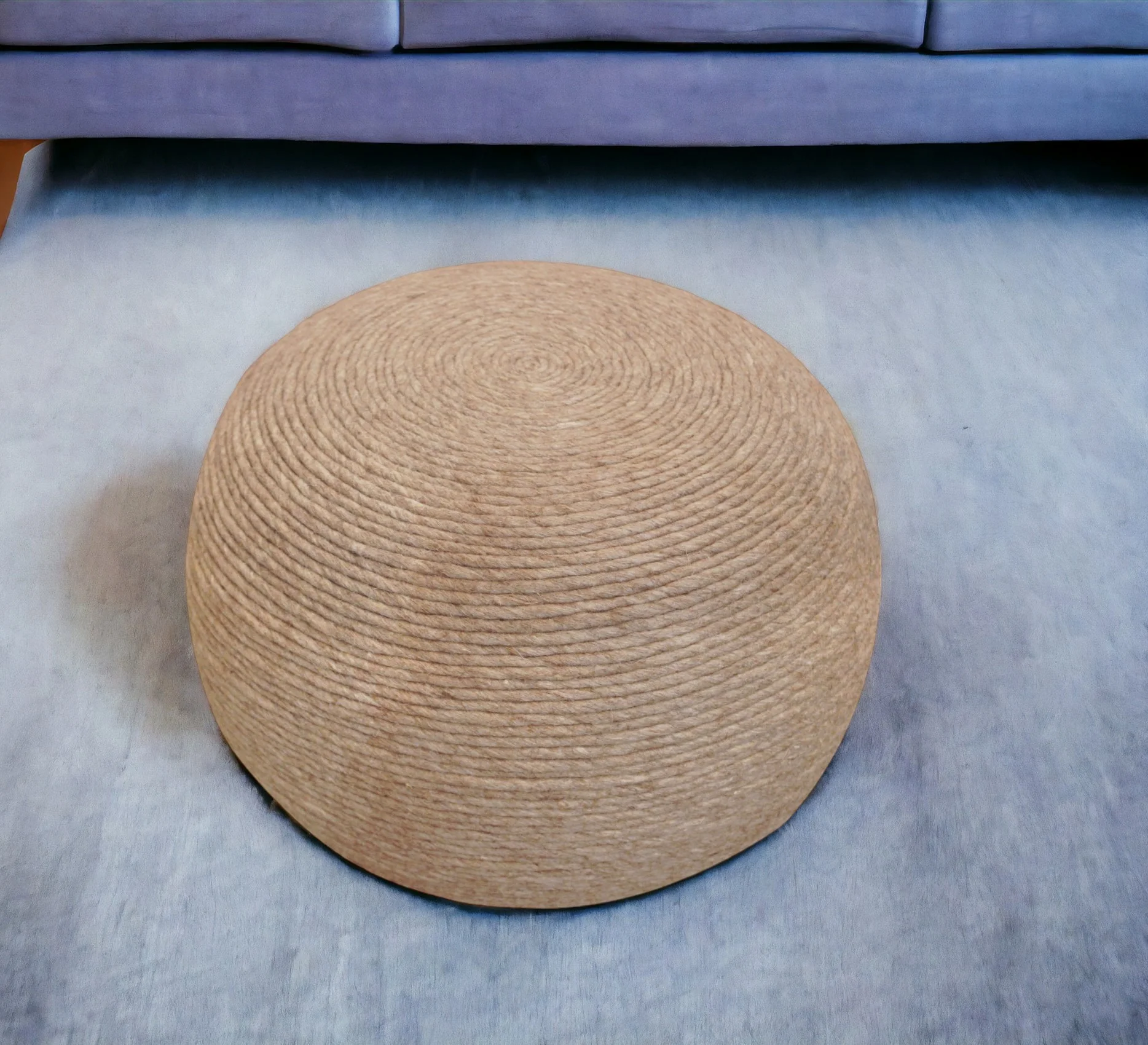 Beige Wool Round Ribbed Pouf Ottoman By Homeroots