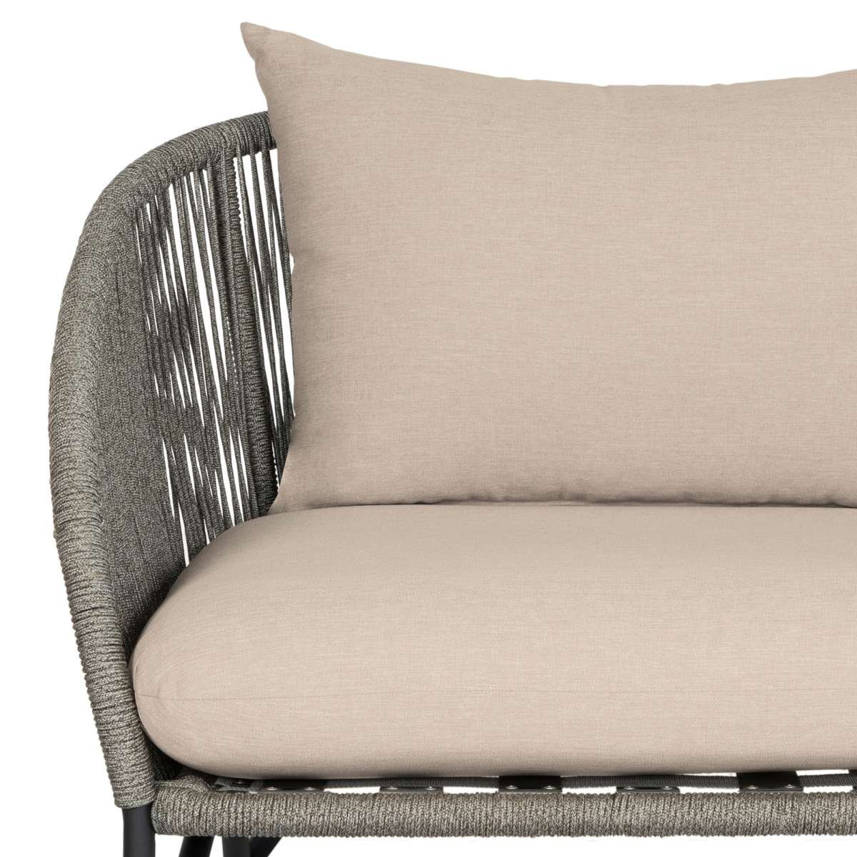 Benicia Outdoor Patio 4 Piece Conversation Set in Weathered Eucalyptus Wood and Metal with Gray Rope and Taupe Cushions By Armen Living - Image 7