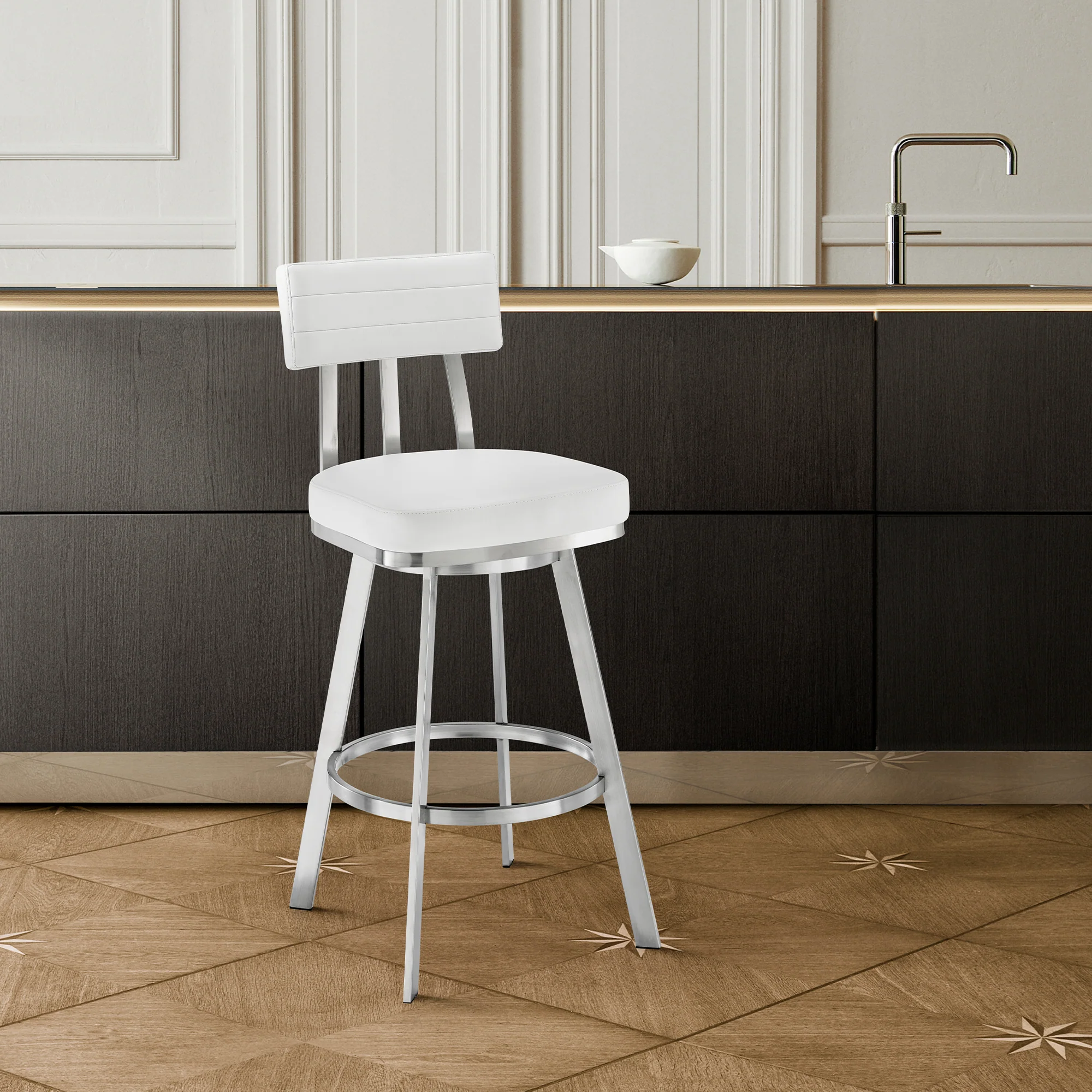 Benjamin 26" Swivel Counter Stool in Brushed Stainless Steel with White Faux Leather By Armen Living