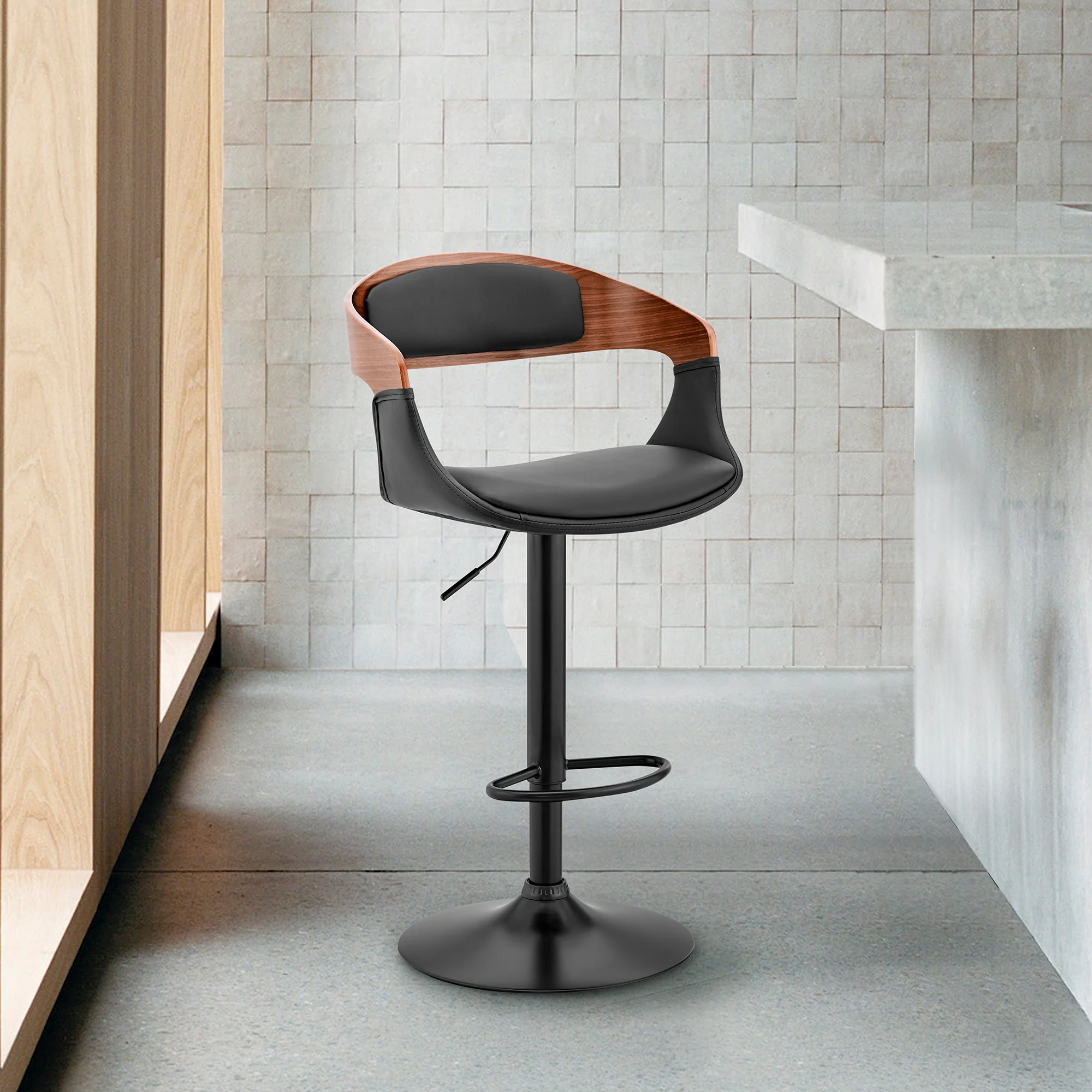 Benson Adjustable Black Faux Leather and Walnut Wood Bar Stool with Black Base By Armen Living