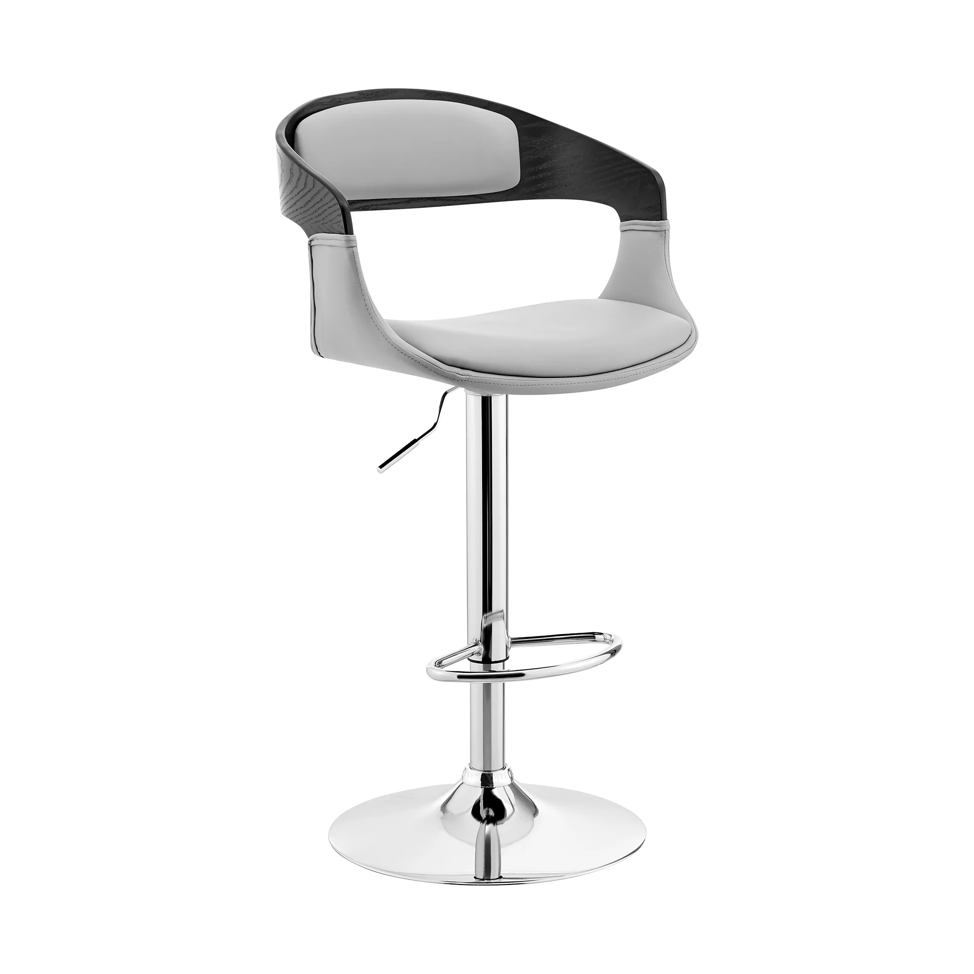 Benson Adjustable Gray Faux Leather and Black Wood Bar Stool with Chrome Base By Armen Living - Image 2