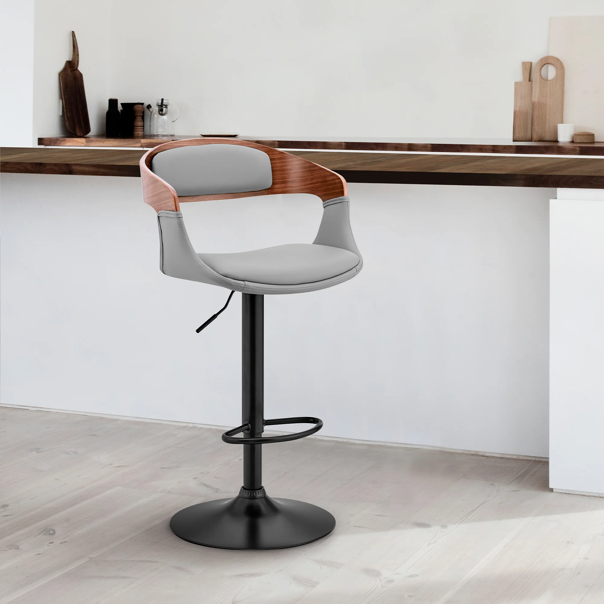 Benson Adjustable Gray Faux Leather and Walnut Wood Bar Stool with Black Base By Armen Living