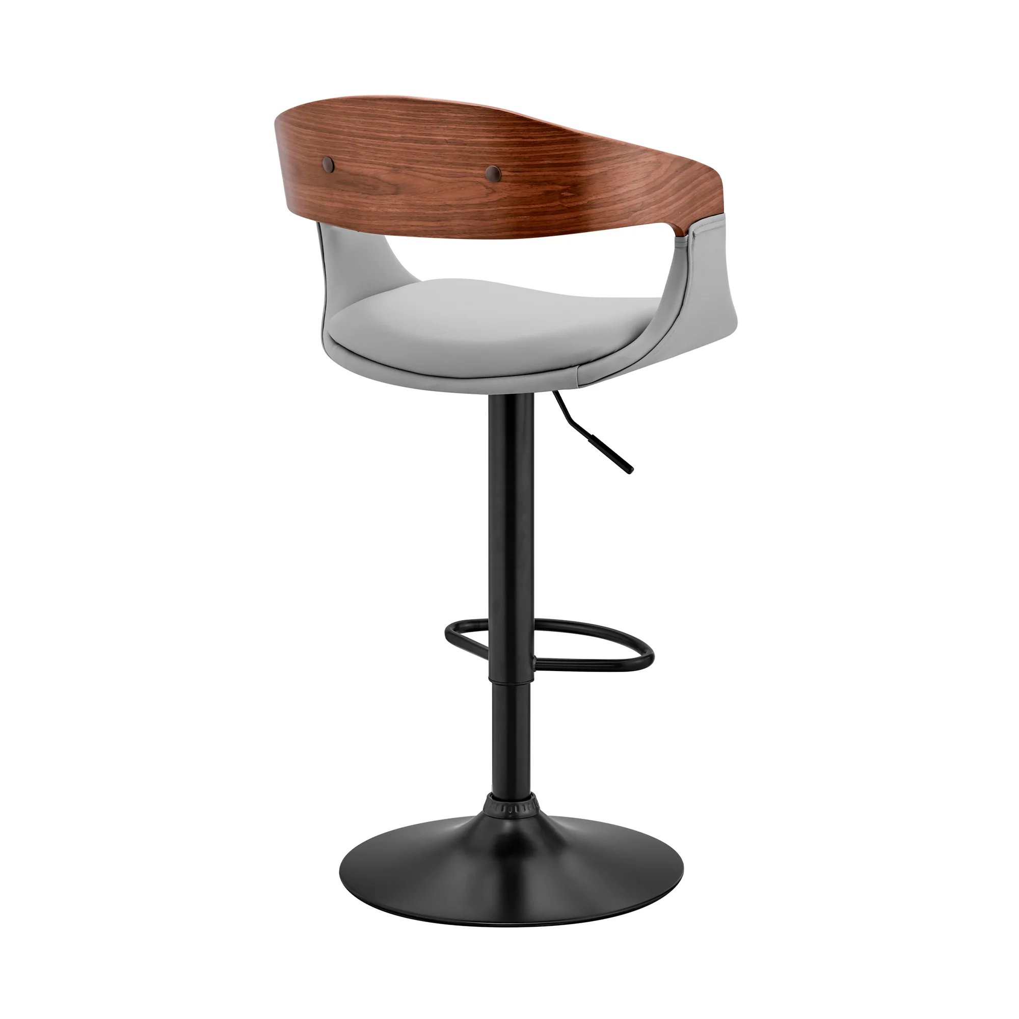 Benson Adjustable Gray Faux Leather and Walnut Wood Bar Stool with Black Base By Armen Living - Image 5