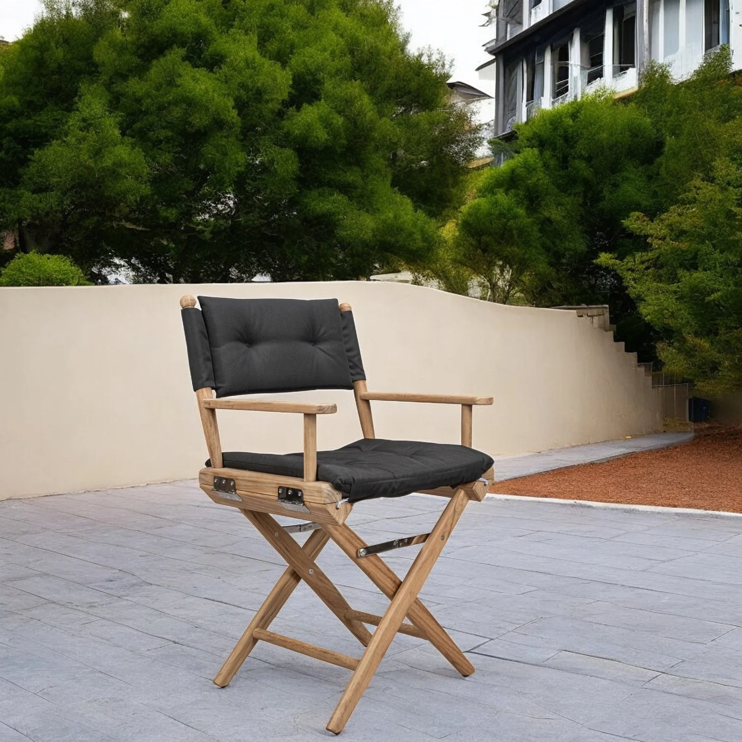 Black and Brown Solid Wood Indoor Outdoor Director Chair with Black Cushion By Homeroots