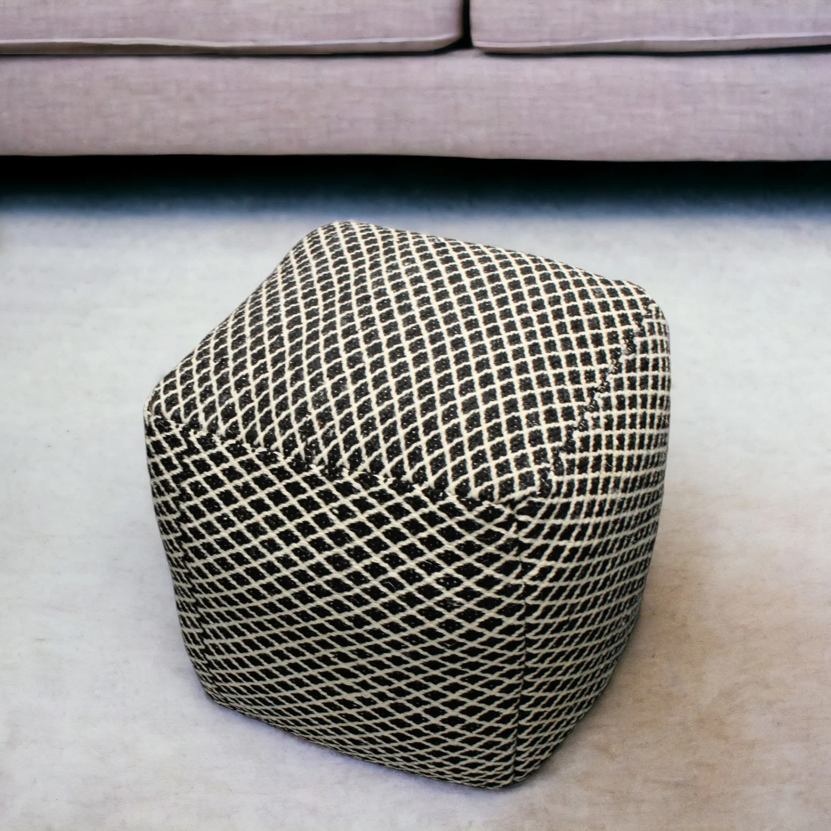 Black and Ivory Wool Cube Geometric Pouf Ottoman By Homeroots
