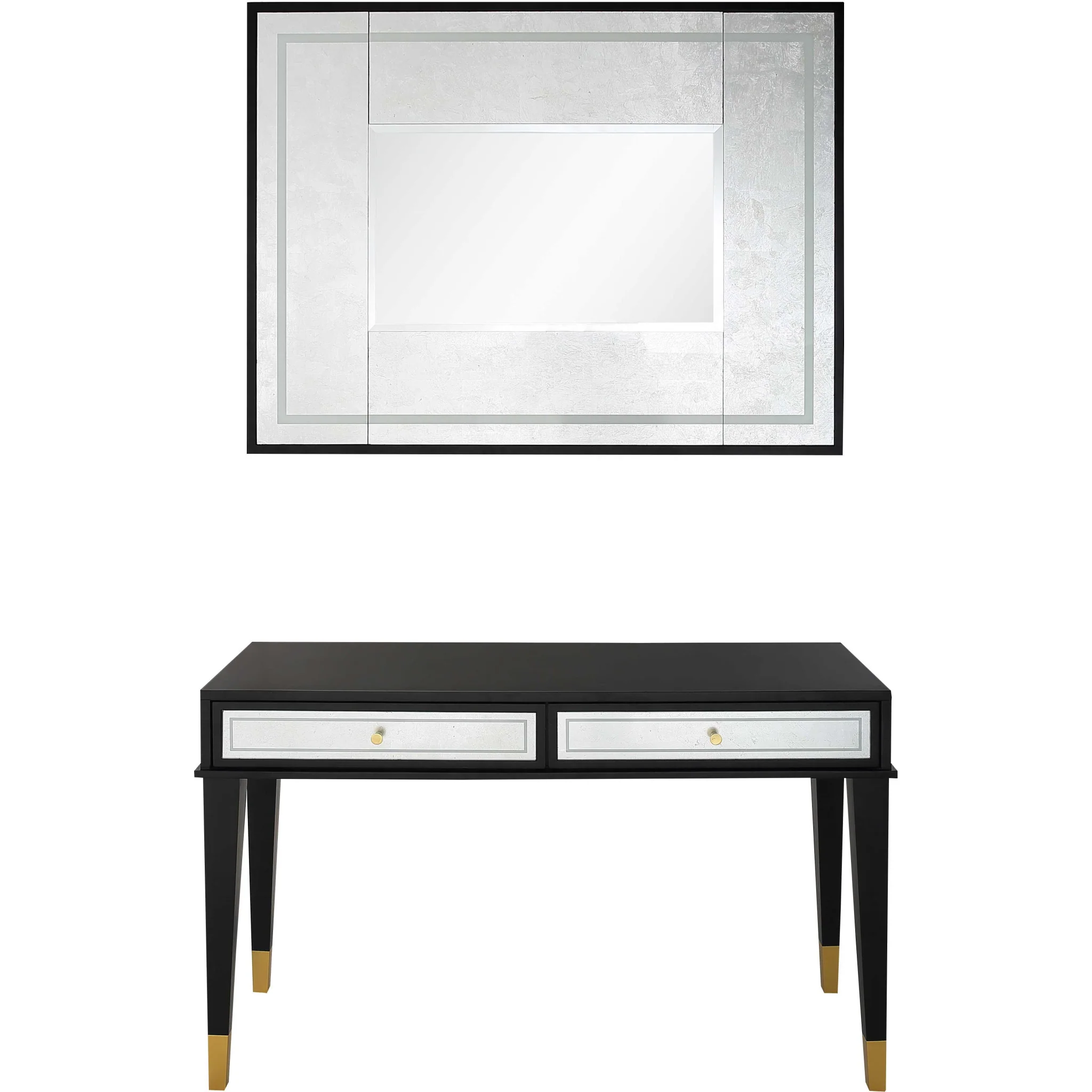 Black And Silver Mirrored Wood And Glass Console Table With Two Drawers By Homeroots