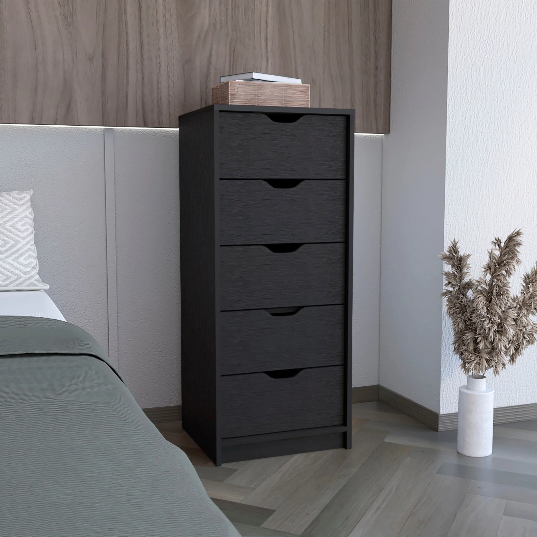Black Charcoal Manufactured Wood Five Drawer Tall and Narrow Dresser By Homeroots