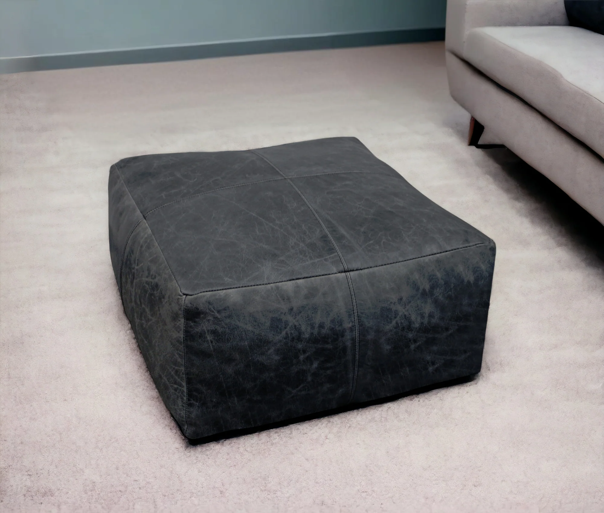 Black Distressed Leather Pouf Ottoman By Homeroots