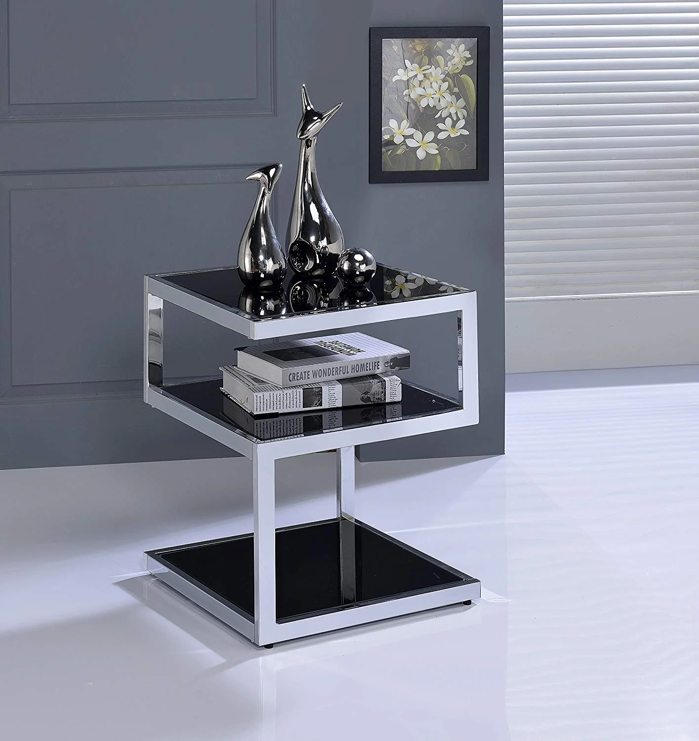 Black Glass And Chrome 3 Tier Shelves End Table By Homeroots