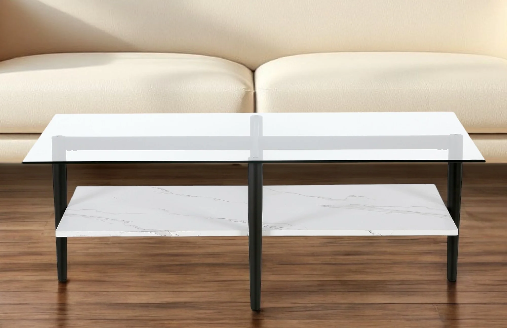 Black Glass And Steel Coffee Table With Shelf By Homeroots