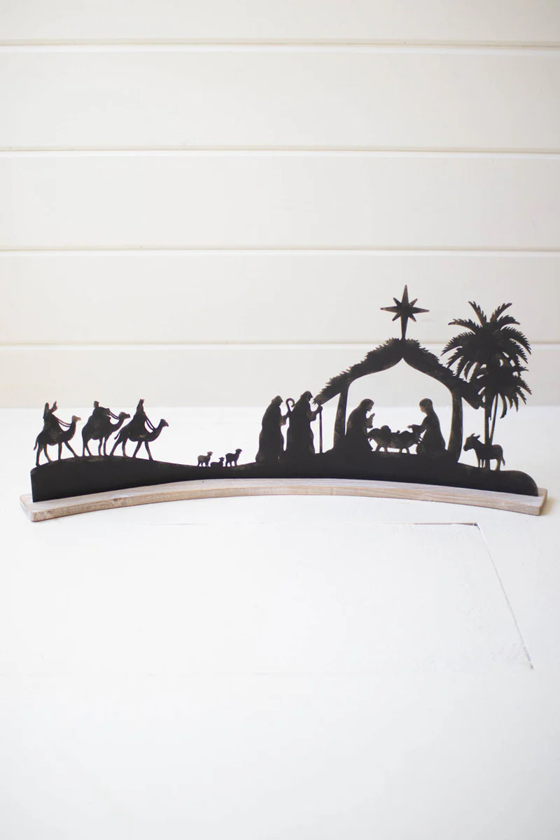 Black Metal Nativity On A Curved White Wood Base (Min 2) By Kalalou