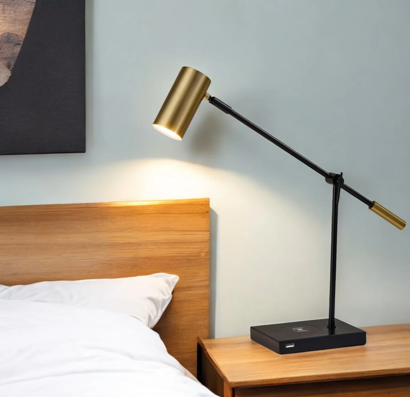 Black Metal Swing Arm LED Desk Lamp With USB And Antiqued Gold Cylinder Shade By Homeroots