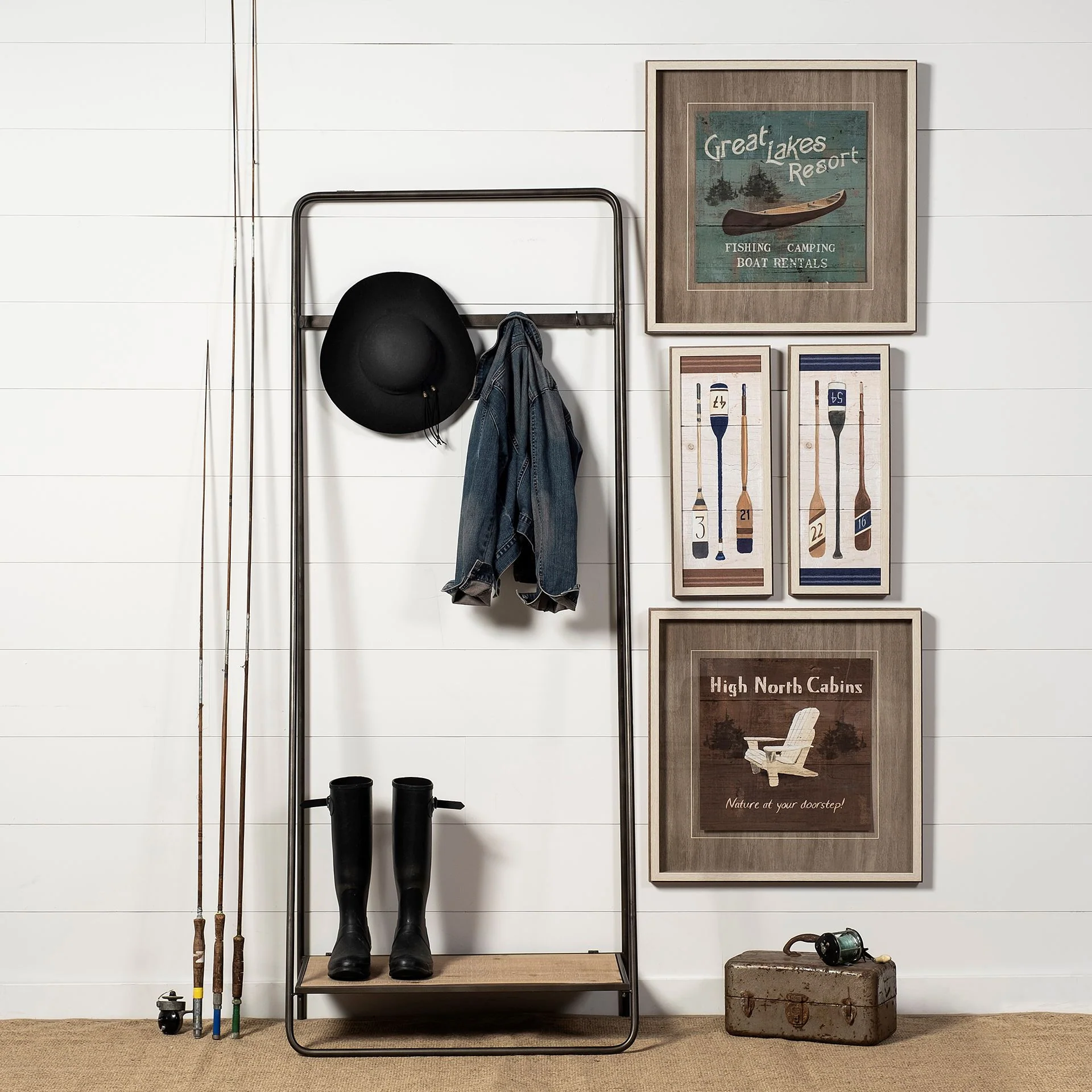 Black Pipe Metal and Wood Shelf Hall Tree By Homeroots