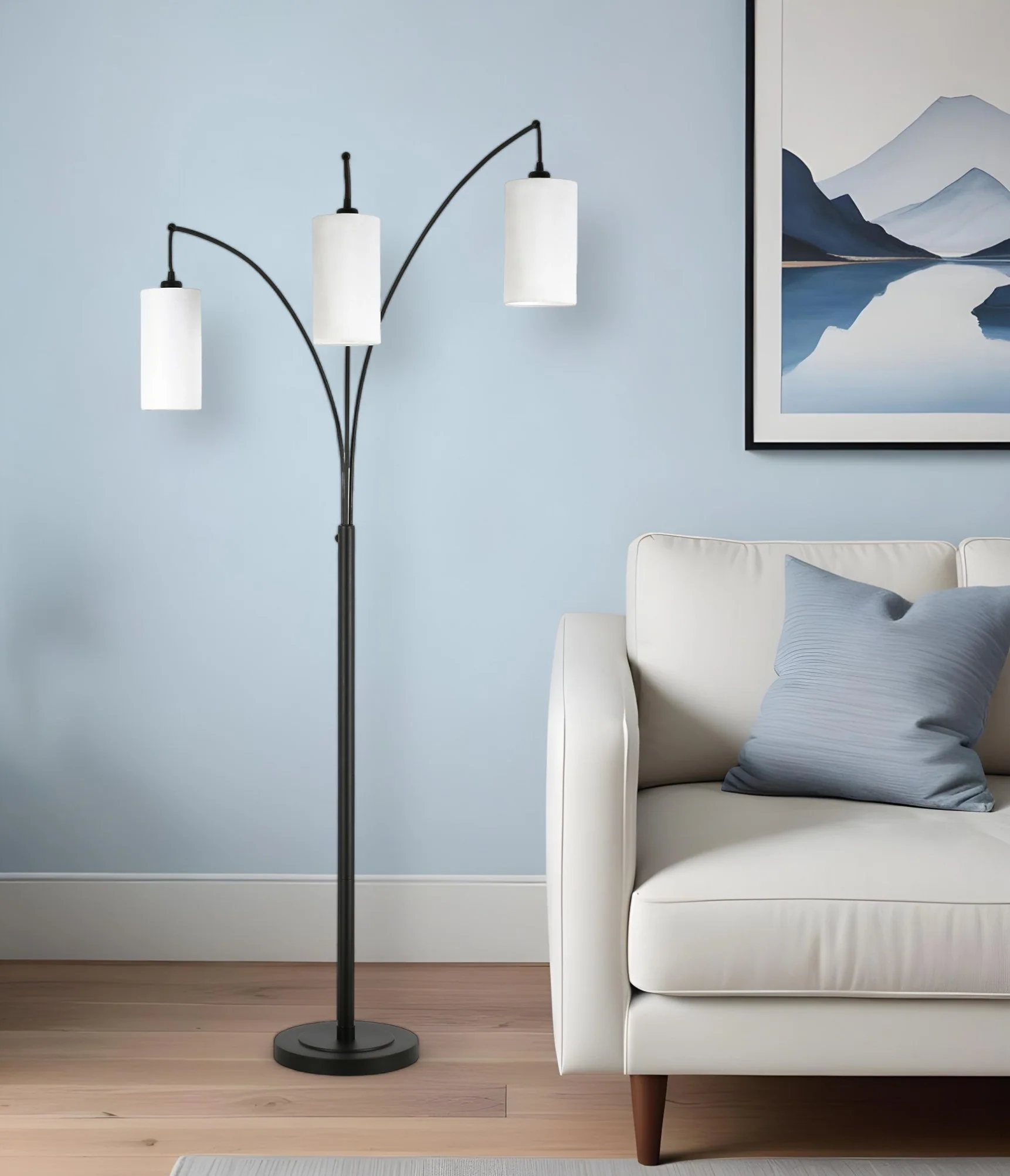 Black Three Light Torchiere Floor Lamp With White Frosted Glass Drum Shade By Homeroots