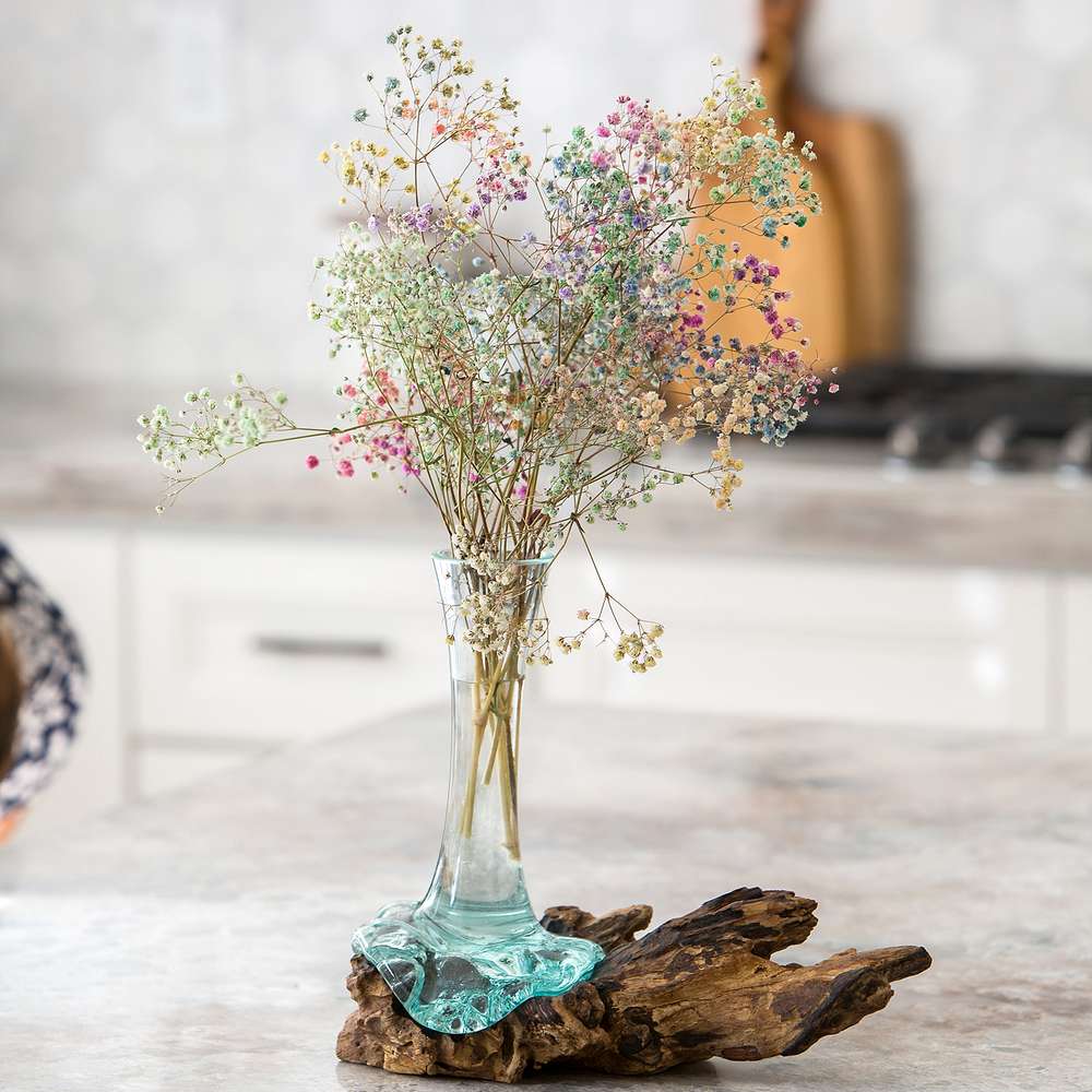 Blown Glass Flower Vase on Chinaberry Wood Set of 4 By Garden Age Supply