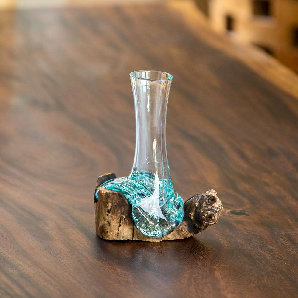 Blown Glass Flower Vase on Chinaberry Wood Set of 4 By Garden Age Supply - Image 2