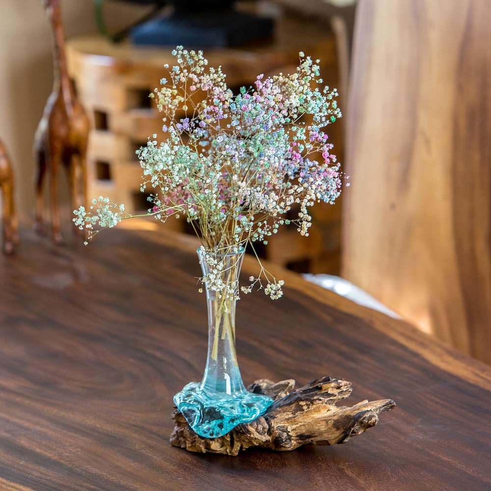 Blown Glass Flower Vase on Chinaberry Wood Set of 4 By Garden Age Supply - Image 3