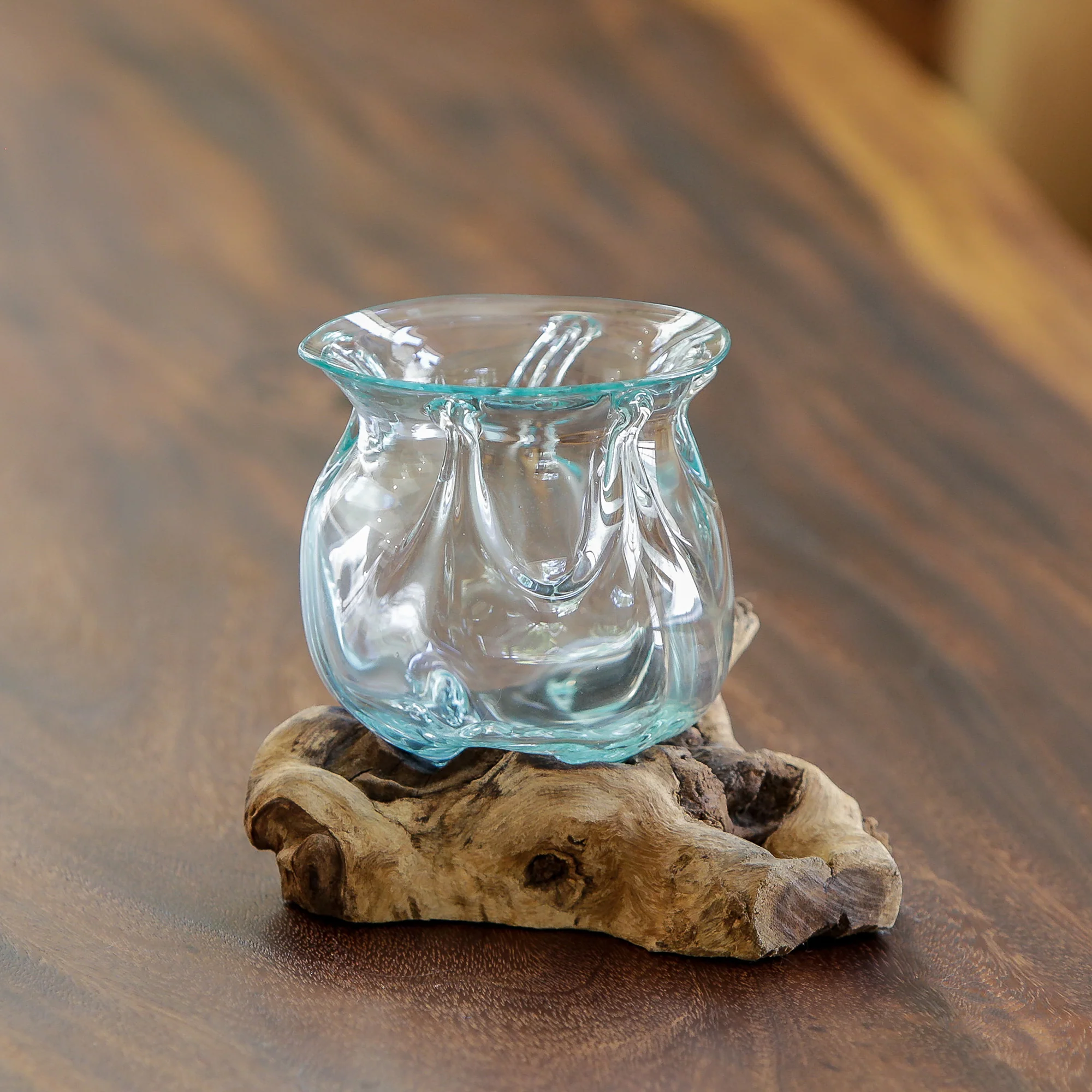 Blown Glass Lotus Vase on Chinaberry Wood Set of 4 By Garden Age Supply