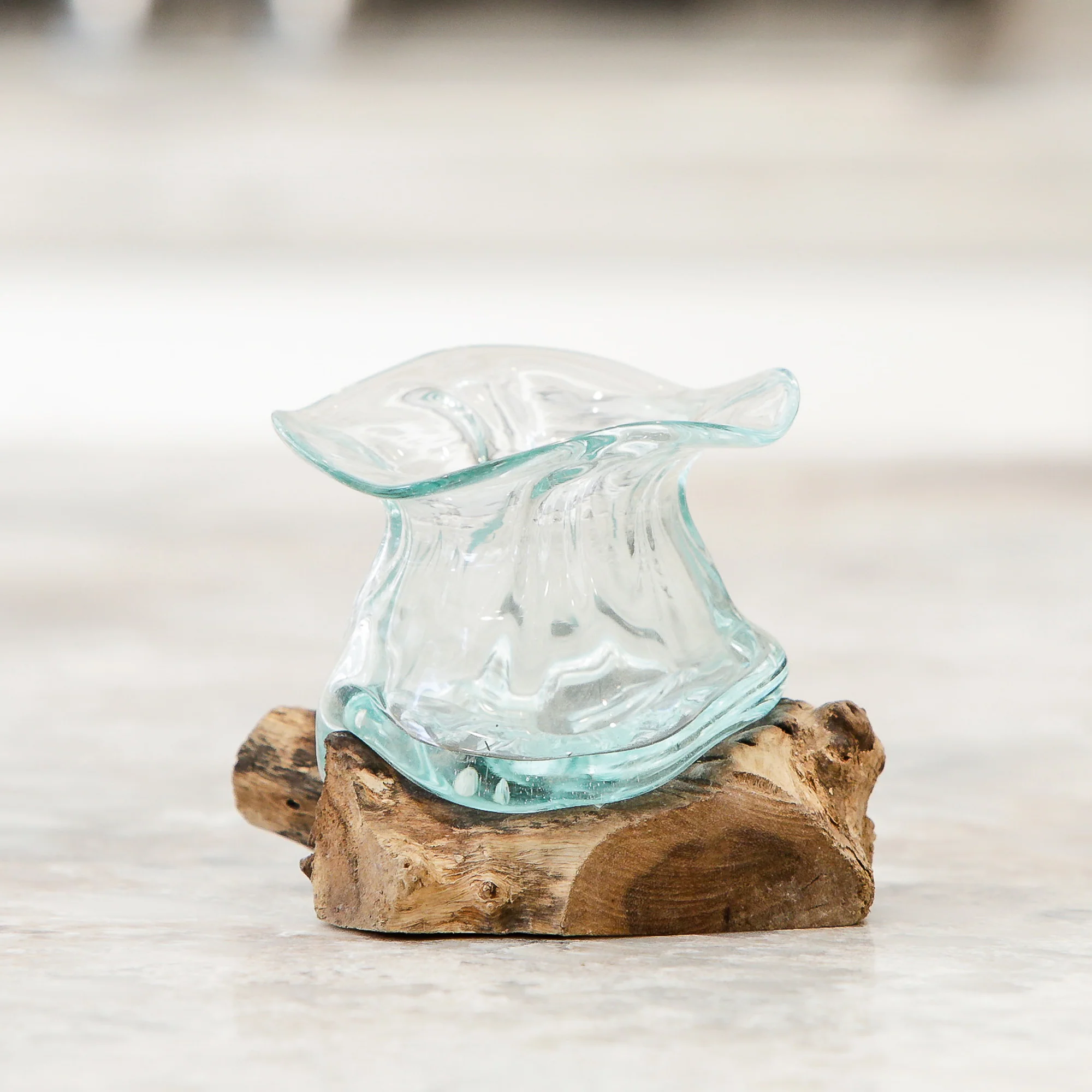 Blown Glass Lotus Vase on Chinaberry Wood Set of 4 By Garden Age Supply - Image 3